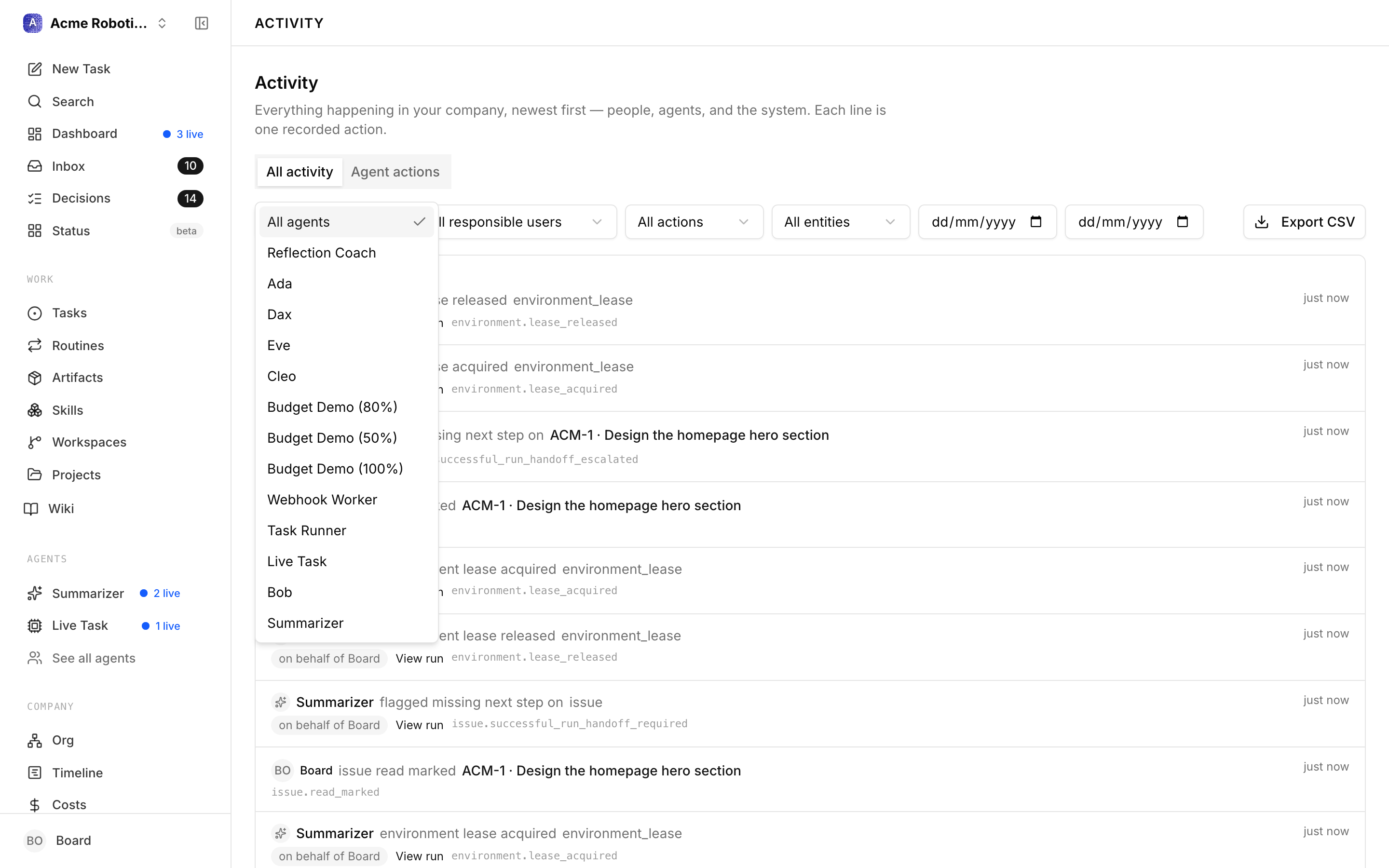Activity Log with the filter bar open, showing the scope toggle plus agent, responsible user, action, entity, and date range filters