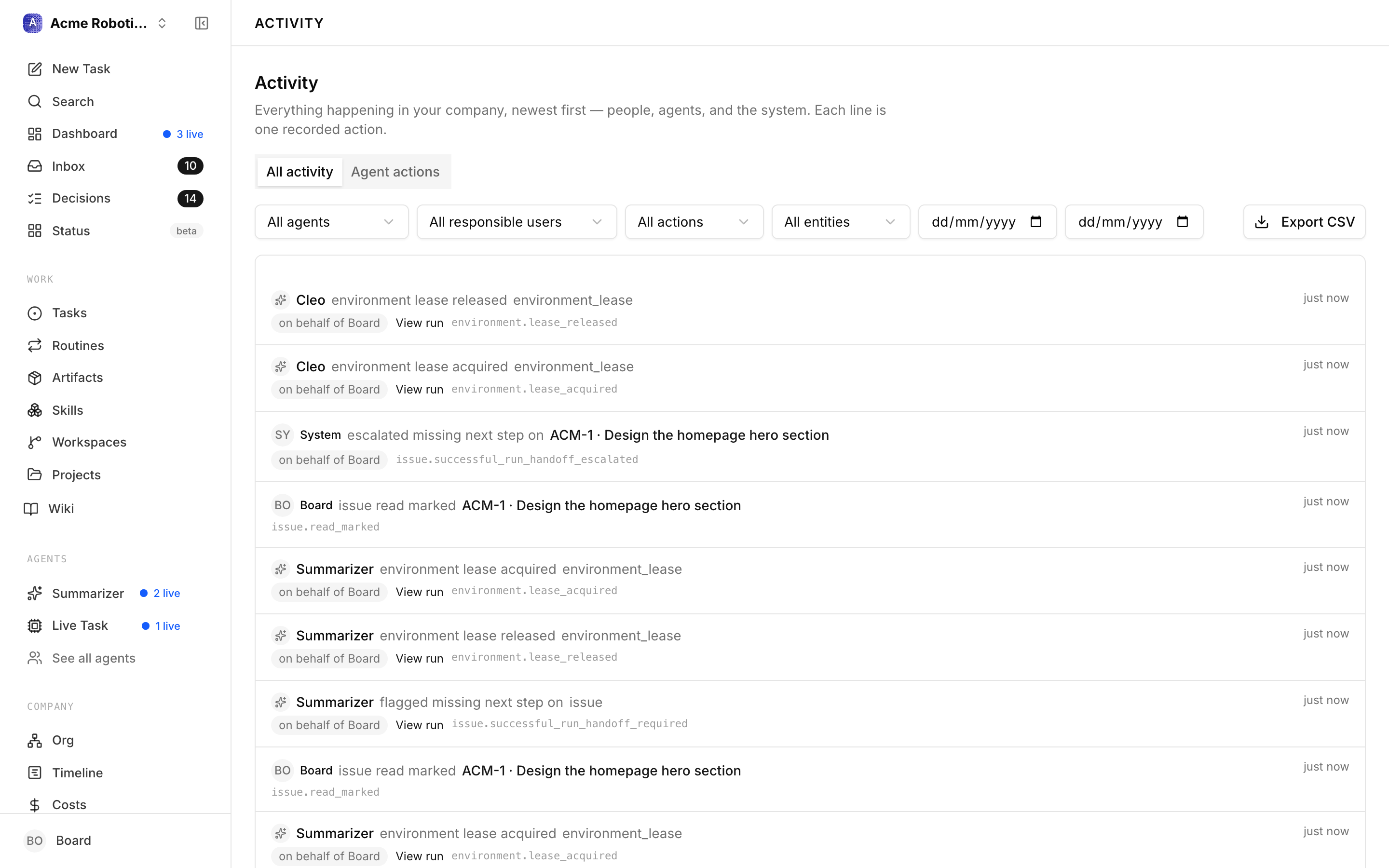 Activity Log page showing a full chronological feed of events with actor names, action descriptions, and timestamps