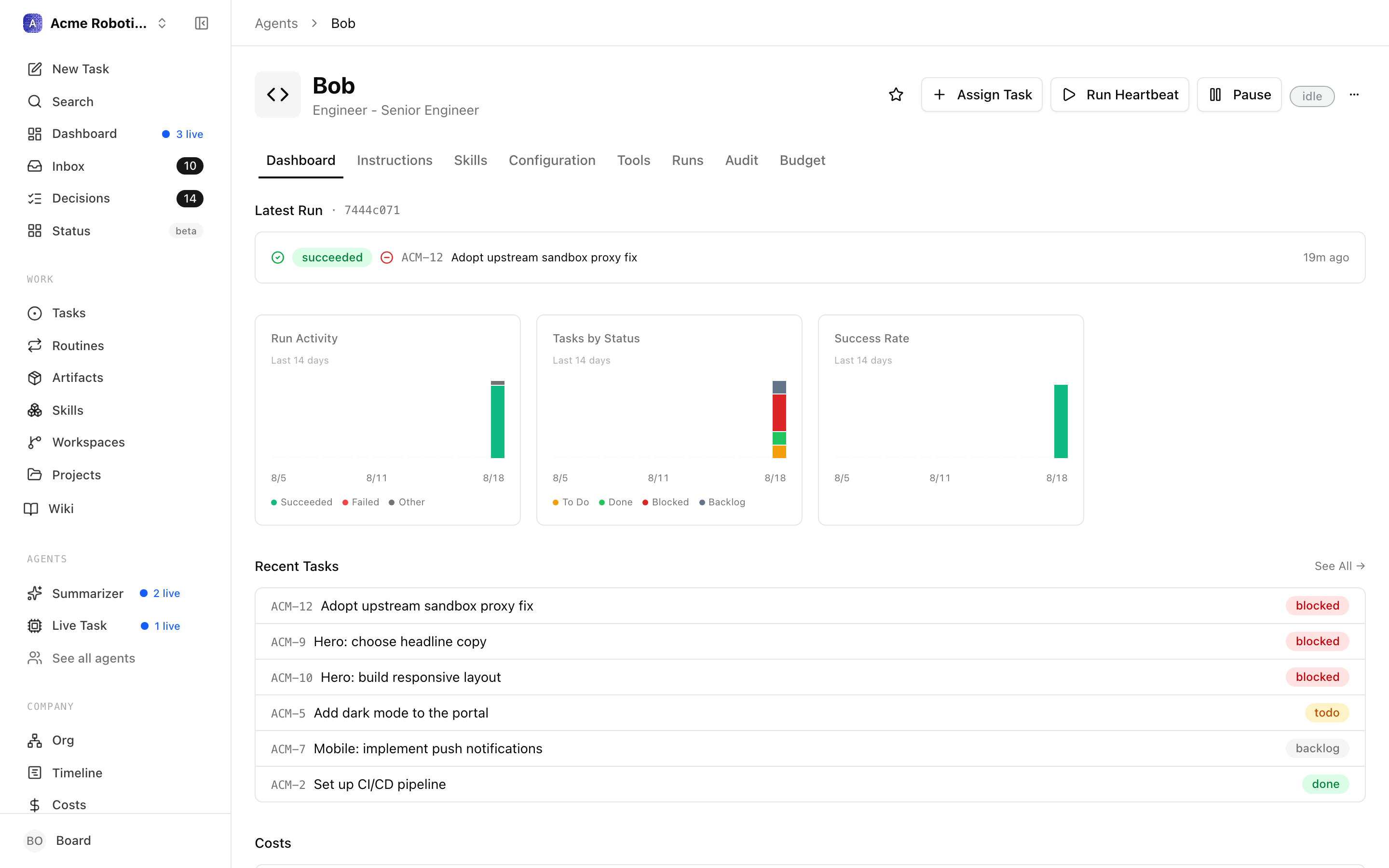 The agent detail page showing the CEO agent in idle status