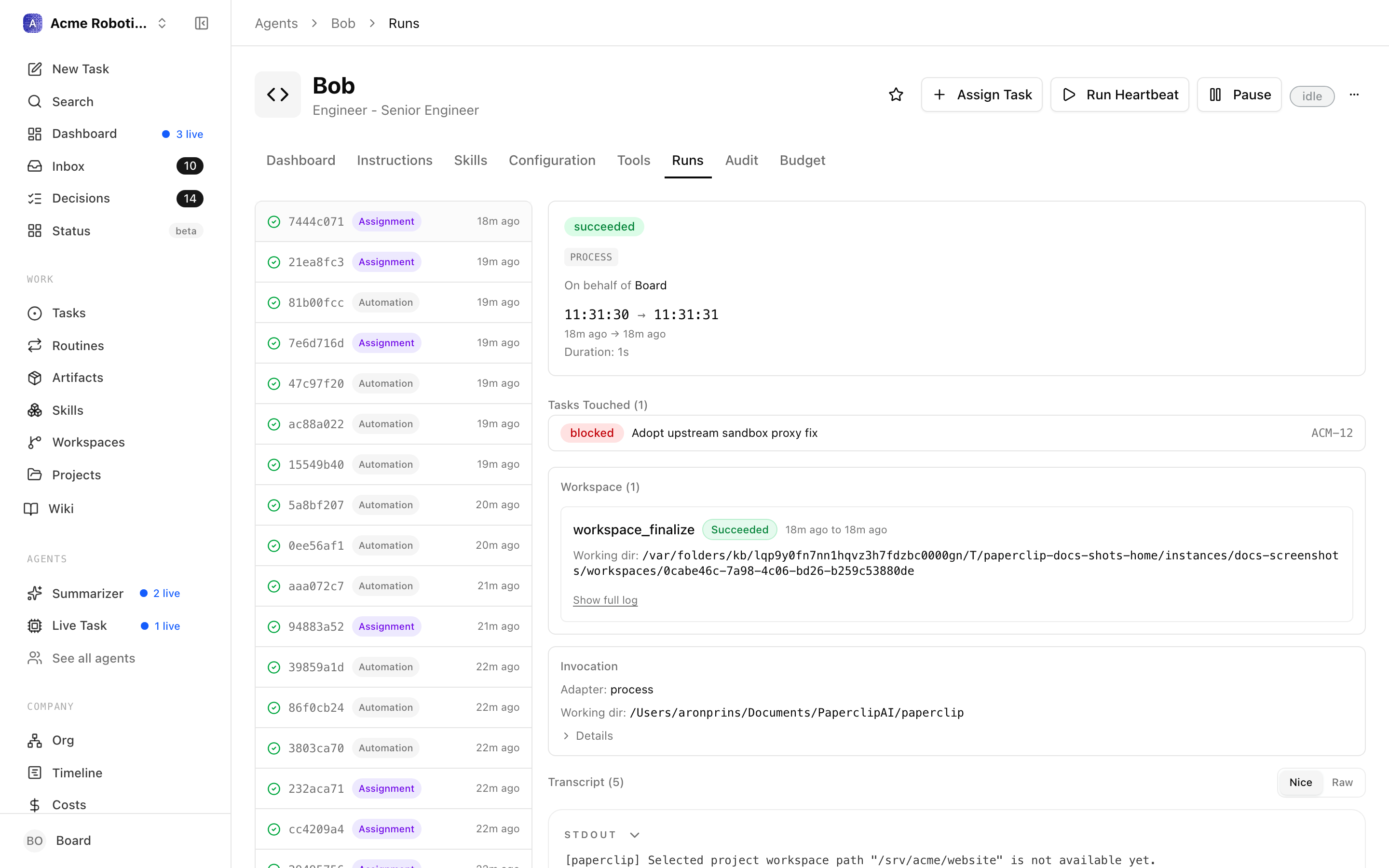 The agent detail page showing run history with heartbeat transcripts