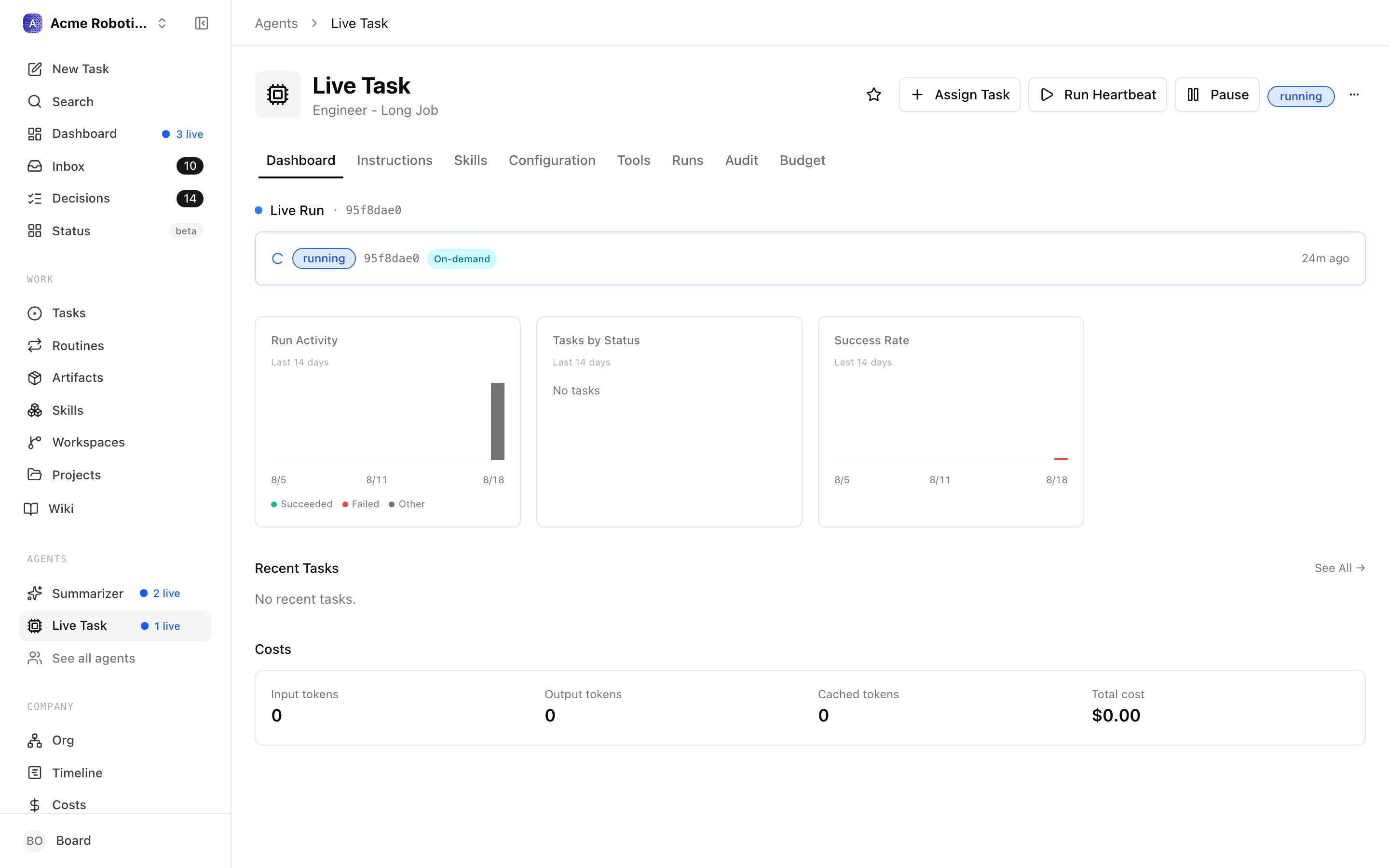 The agent detail page showing the CEO in "running" status with a live progress indicator
