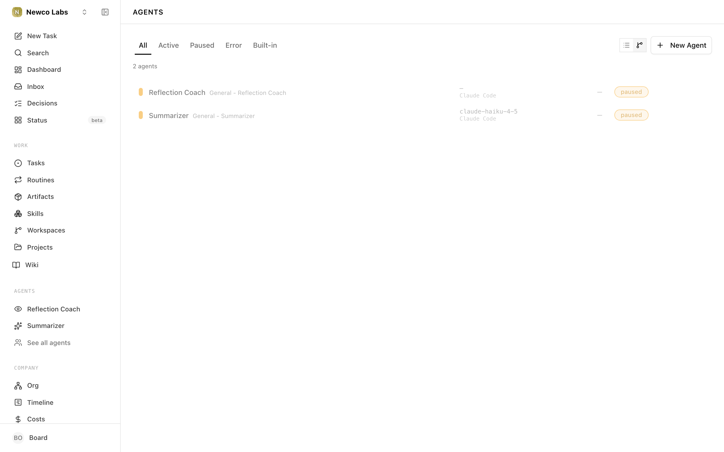 Agents list page showing the New Agent button