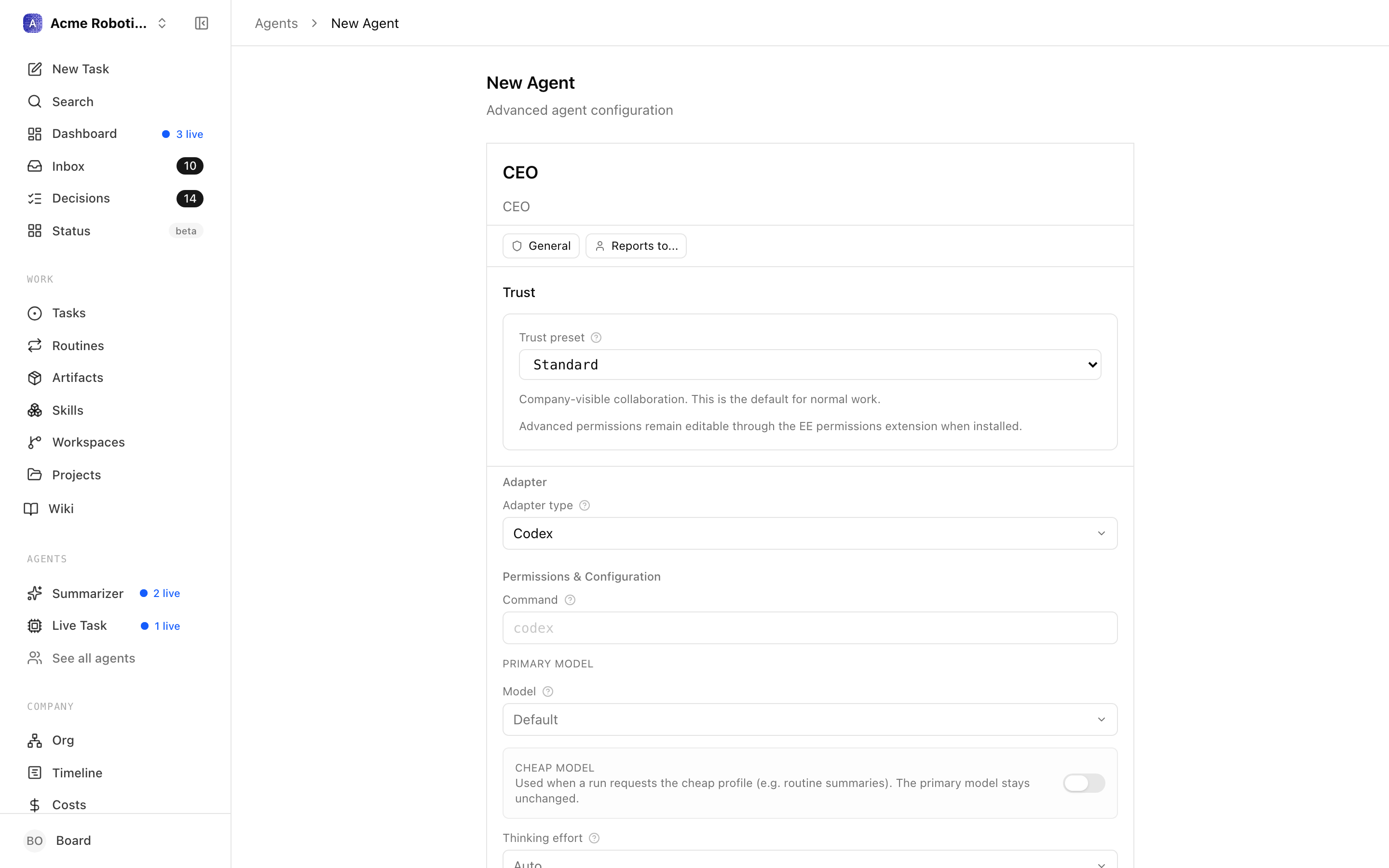 Codex local adapter configuration form