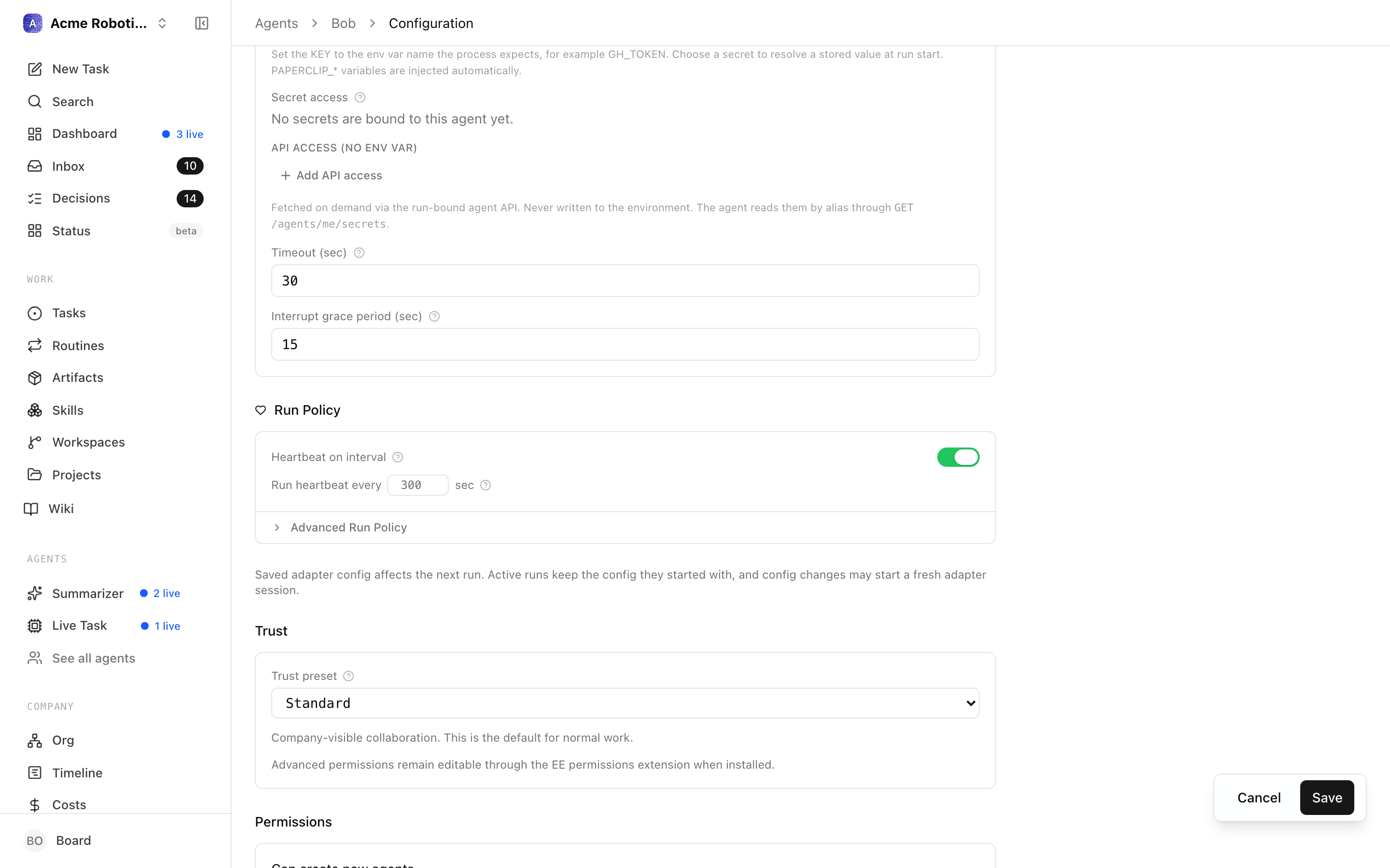 The agent detail page with the heartbeat toggle in its enabled state
