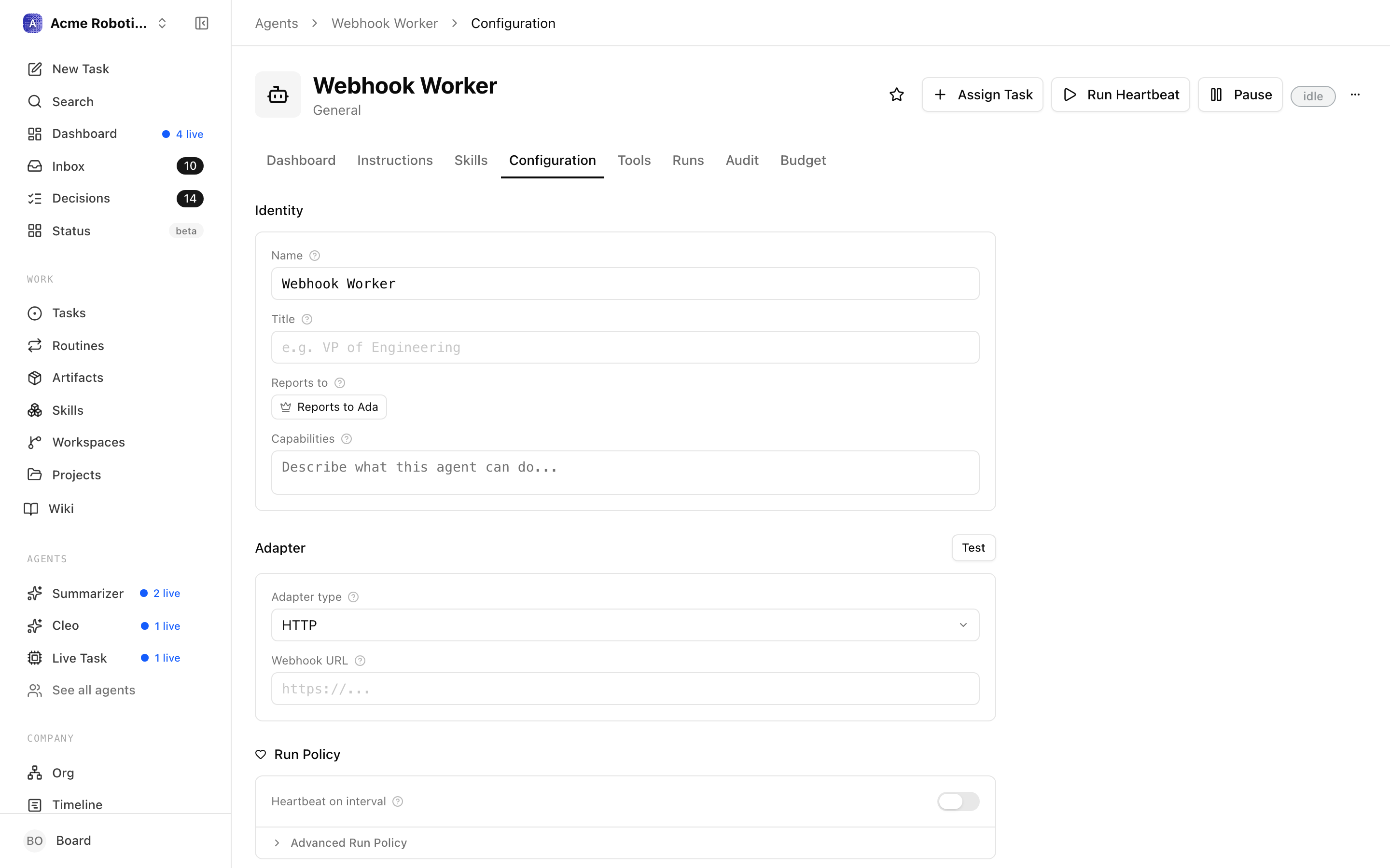 HTTP adapter configuration form
