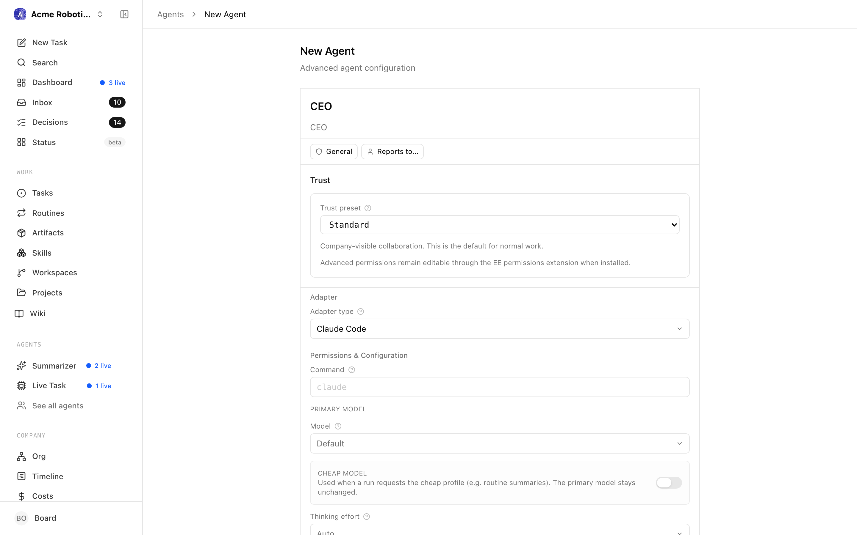 New agent form with name and role fields