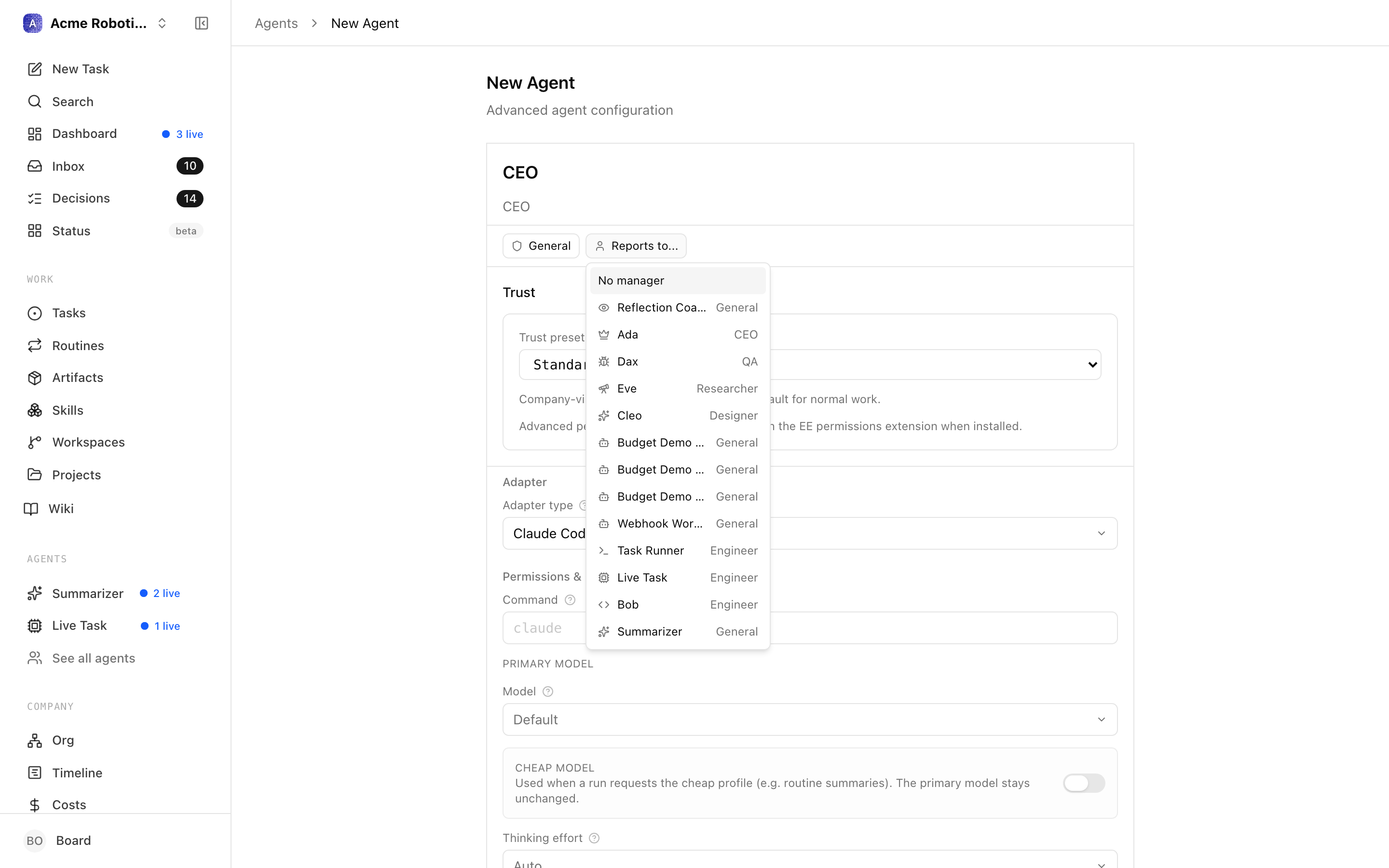 New agent form showing the Reports to dropdown with CEO selected