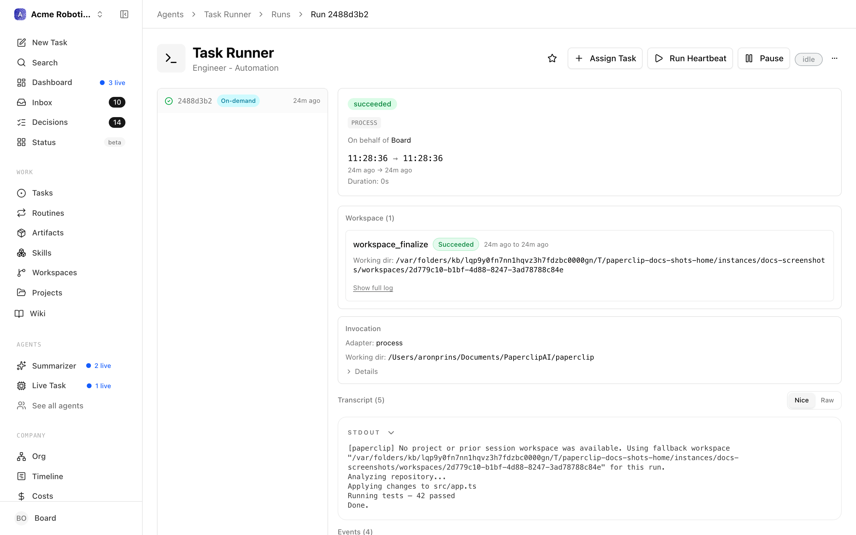 The run transcript view showing the full log of what the CEO did during a single heartbeat