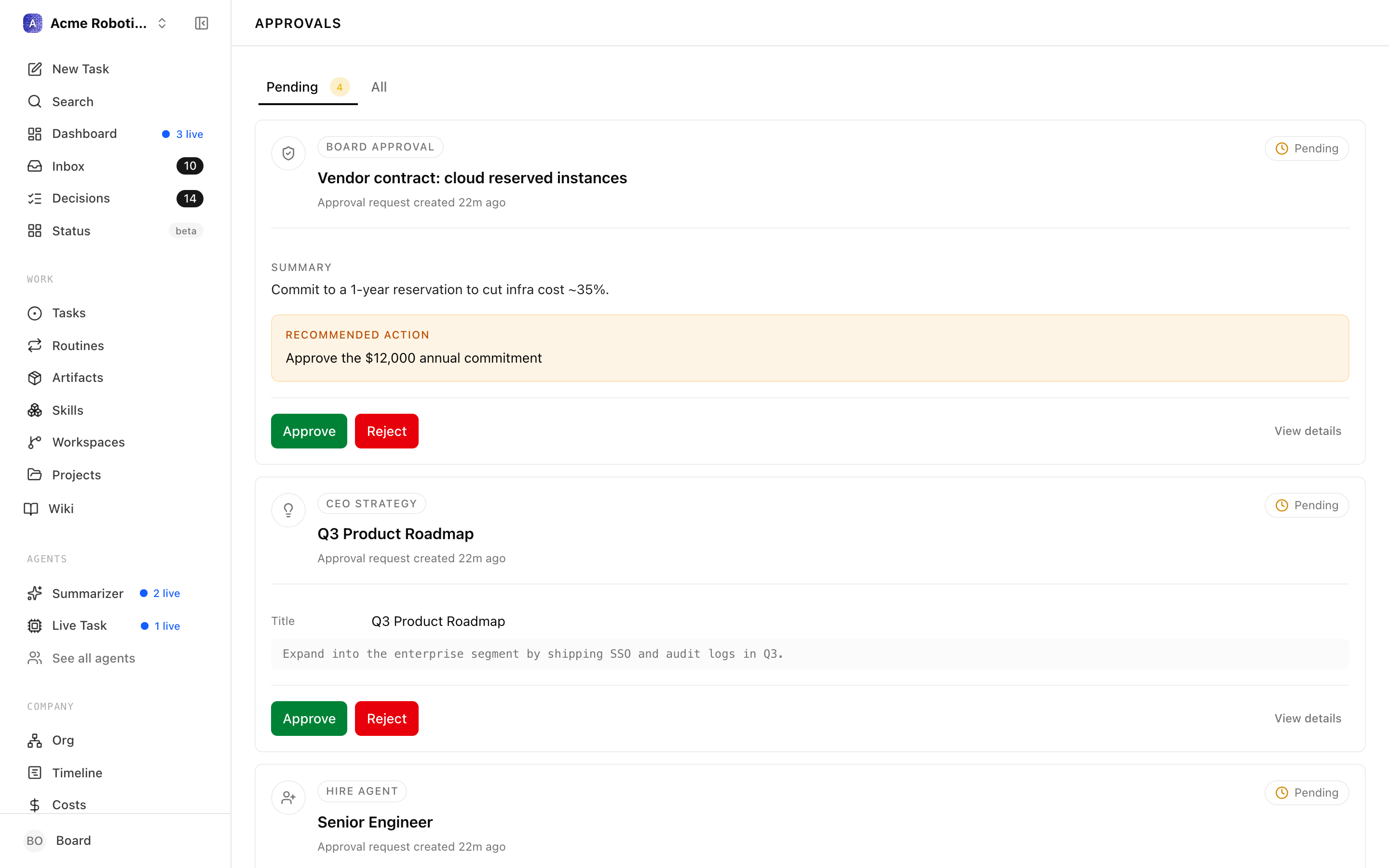 The approvals list showing pending strategy and hire_agent approvals