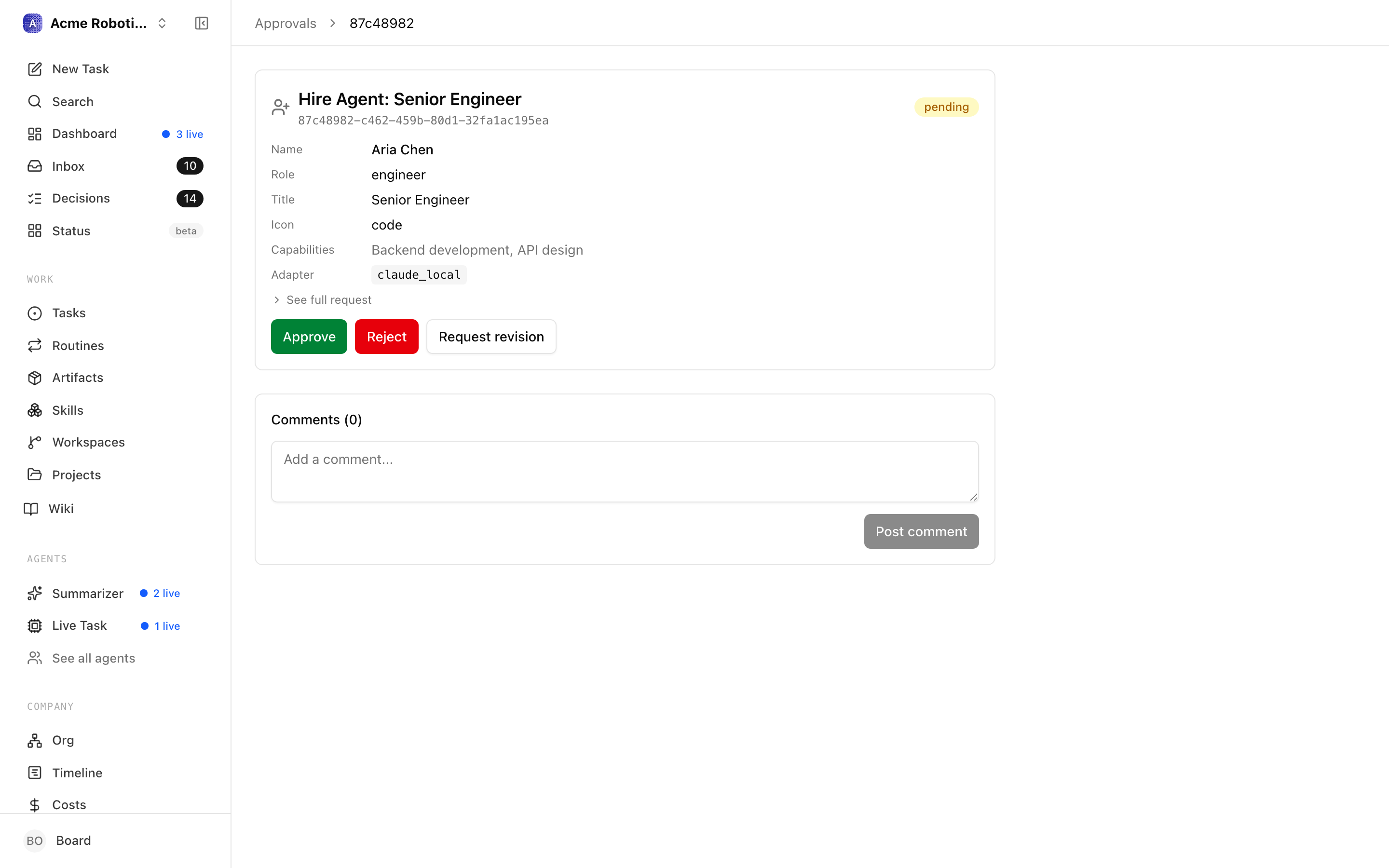 Hire approval detail showing proposed name, role, adapter config, and budget