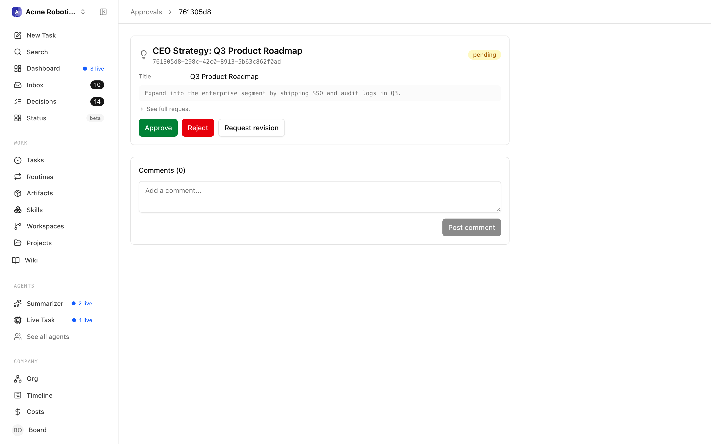 The strategy approval detail page showing the CEO's proposed plan