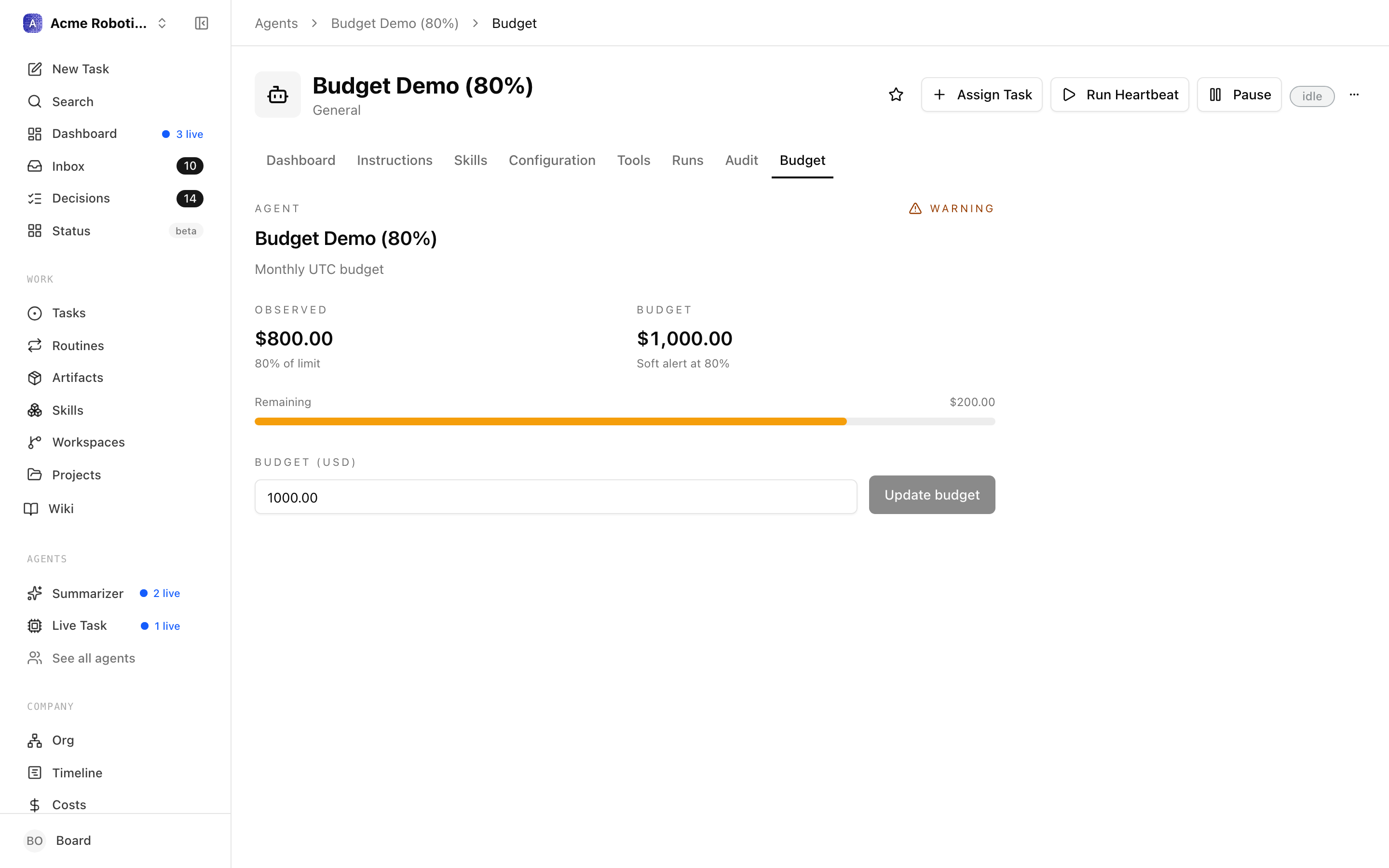 Agent budget bar at 80% — amber warning state
