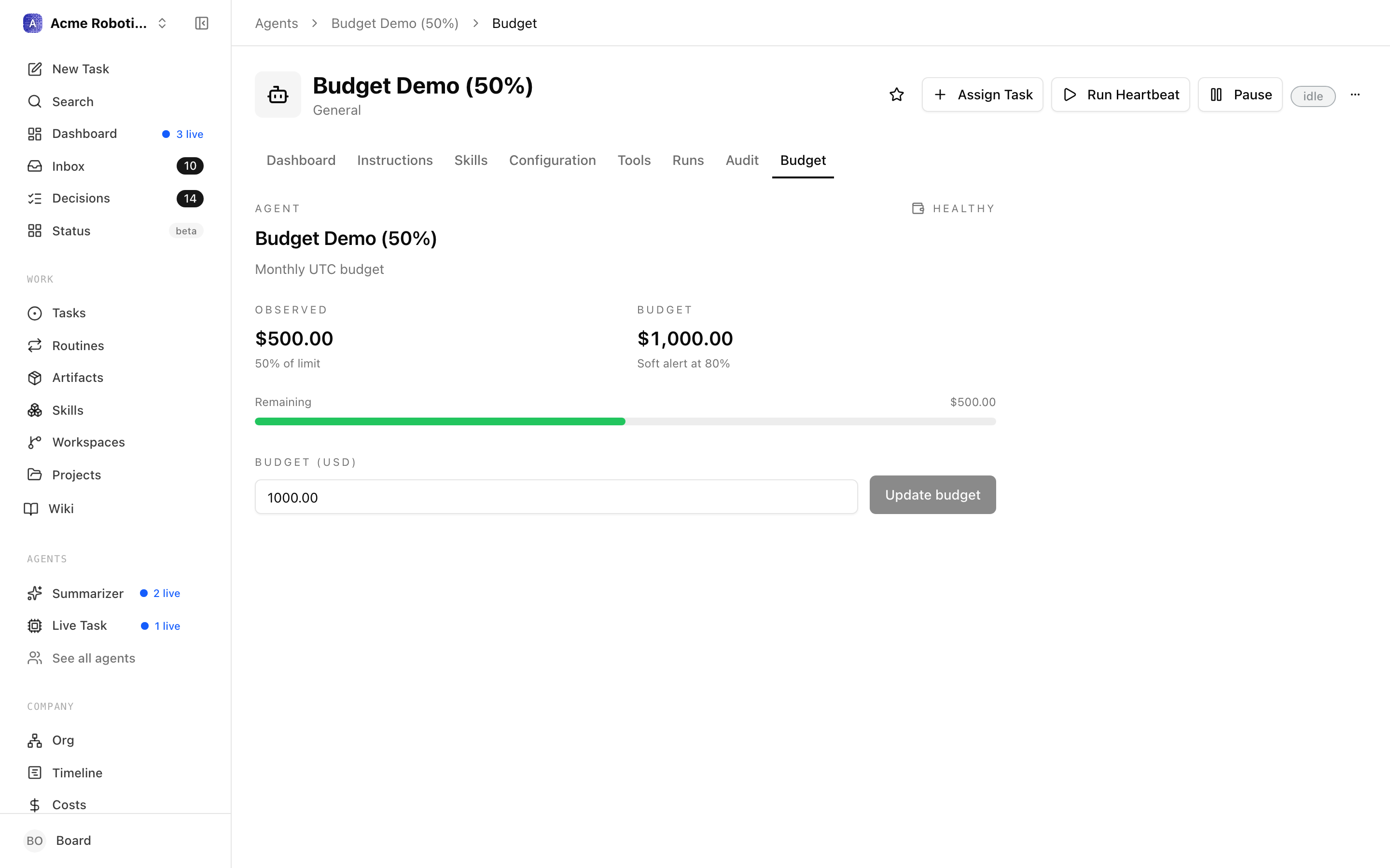 The cost summary panel showing per-agent budget bars with current spend
