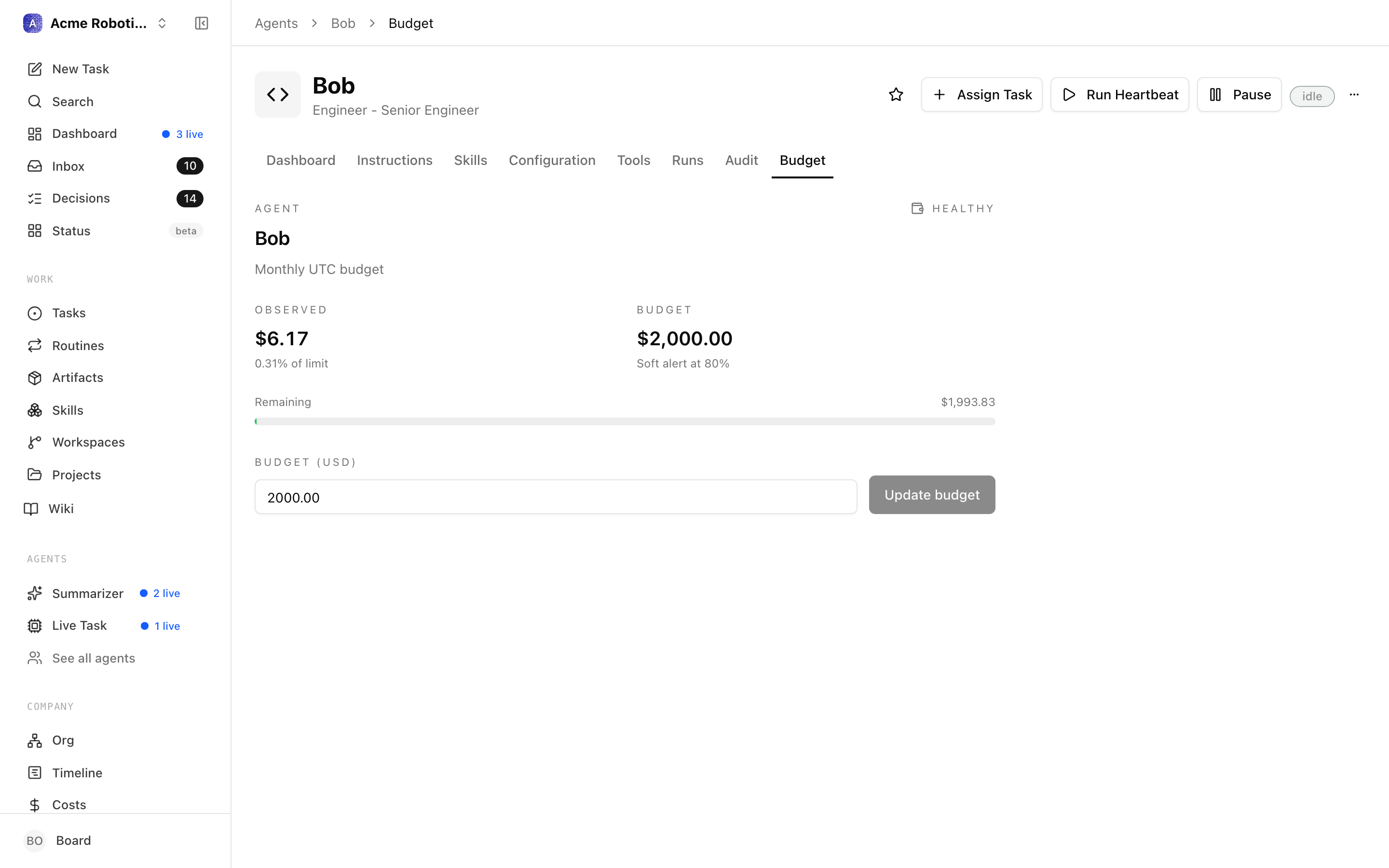 Agent budget field in the agent configuration panel
