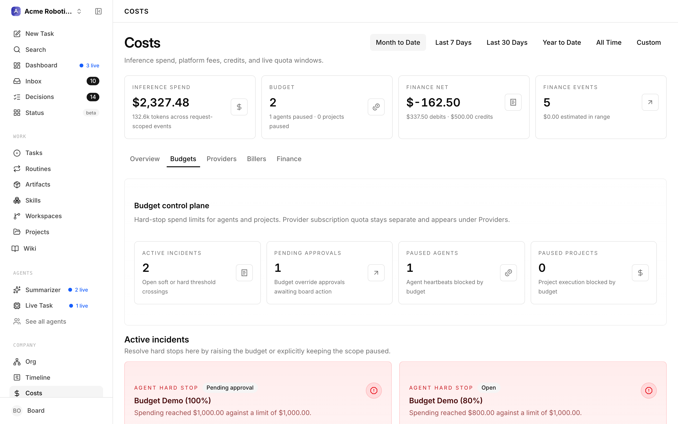 Company settings page showing the Monthly Budget field