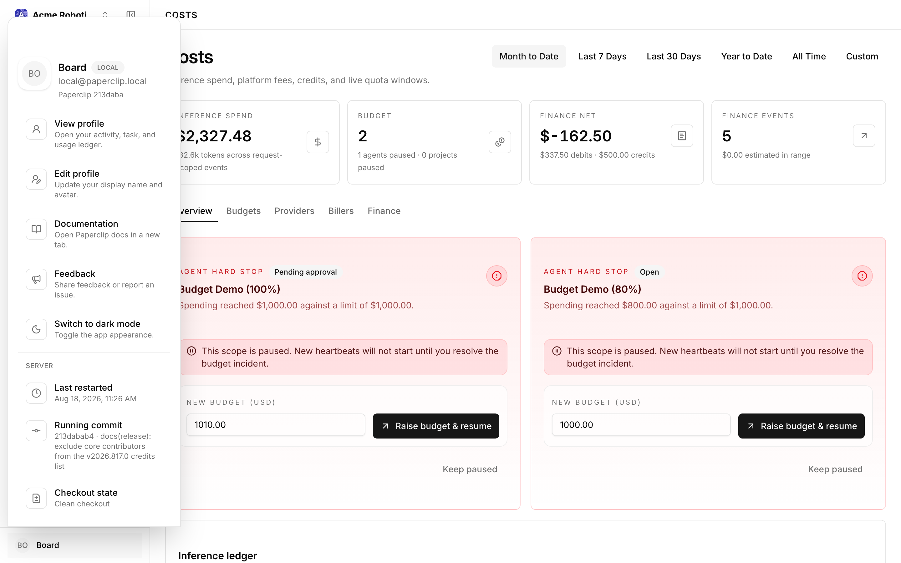 Per-run cost detail showing model, input tokens, output tokens, and dollar cost for each heartbeat