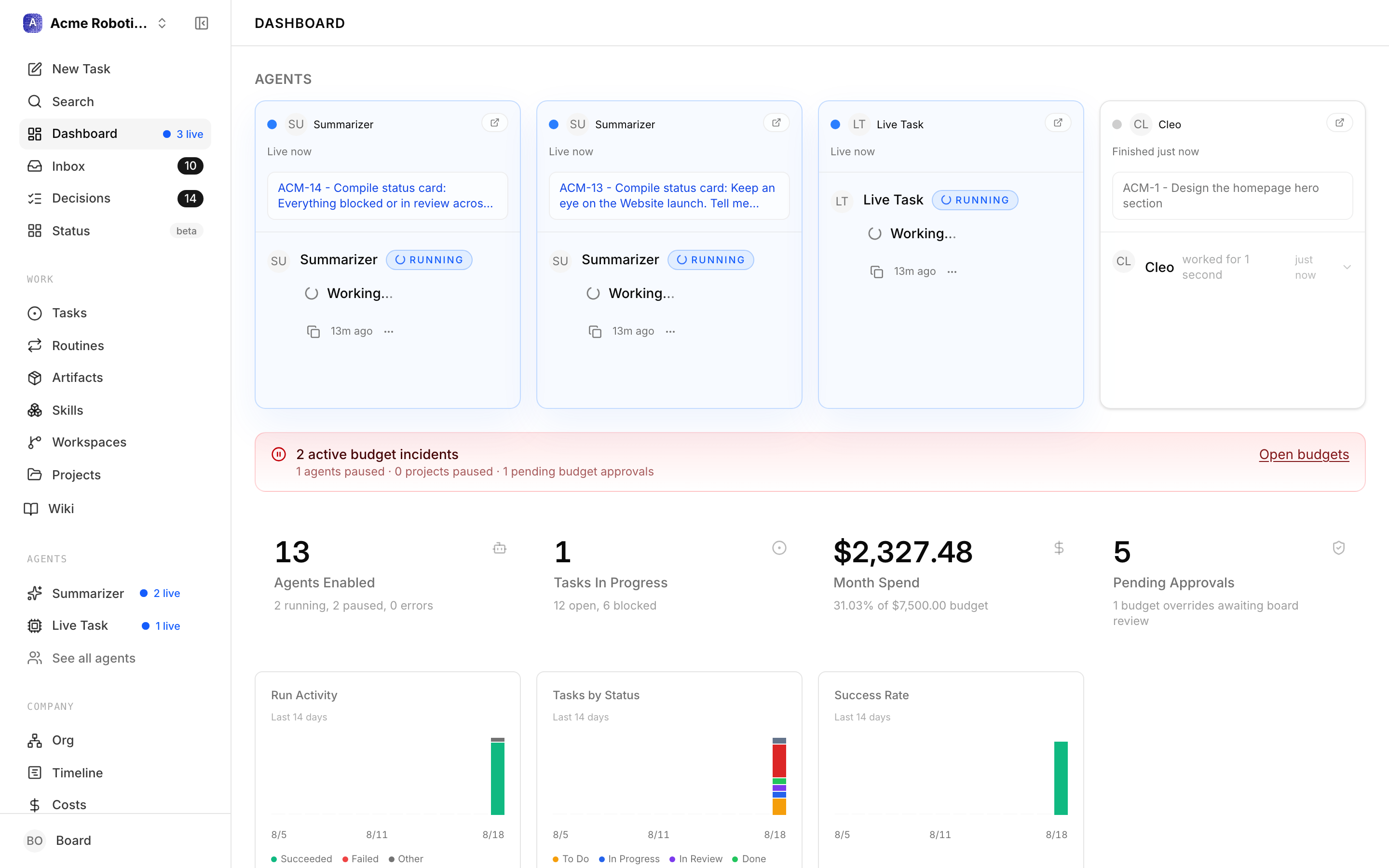 The ThinkingMach dashboard showing an active CEO agent, a budget bar, and recent activity