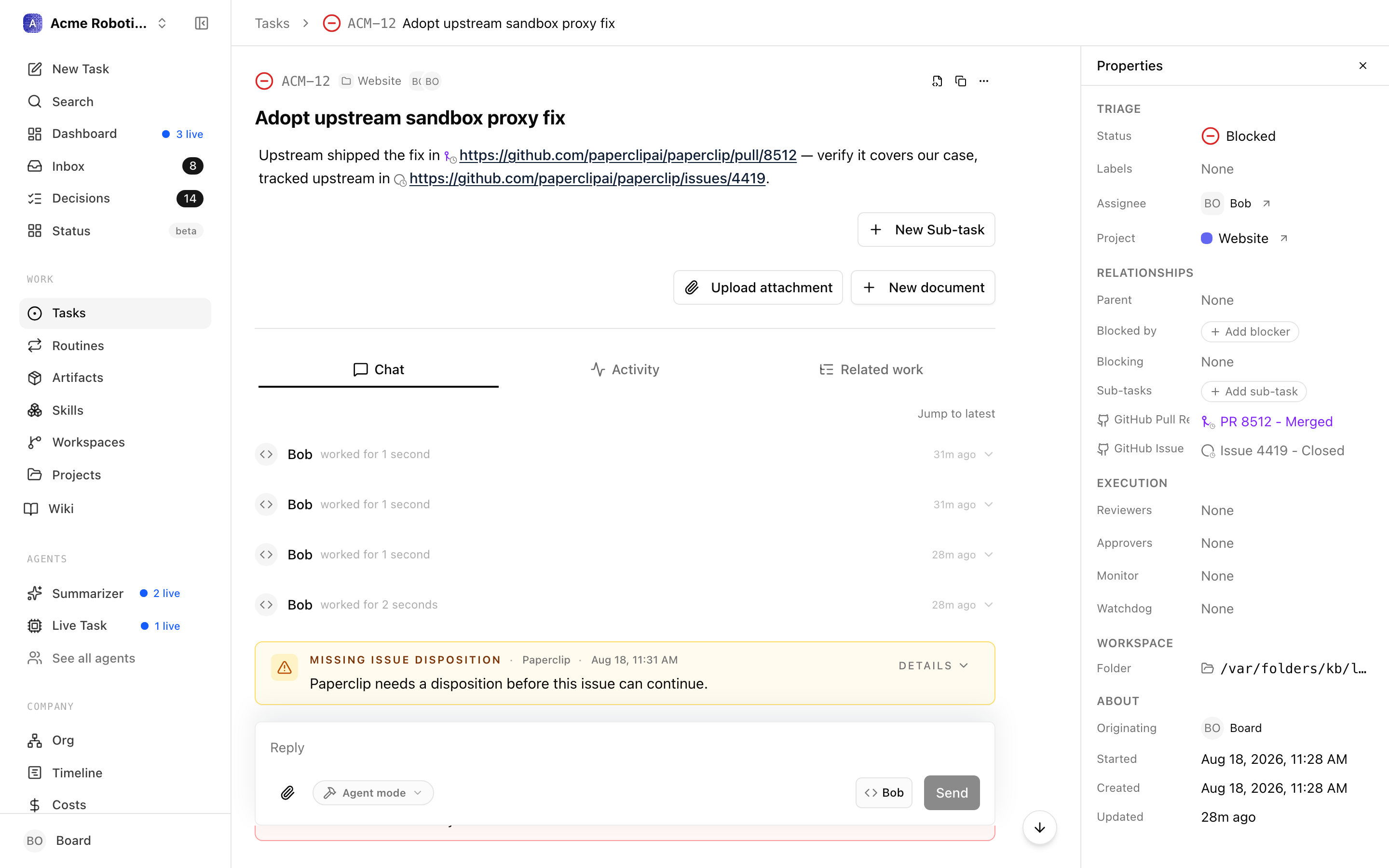 External object status on an issue