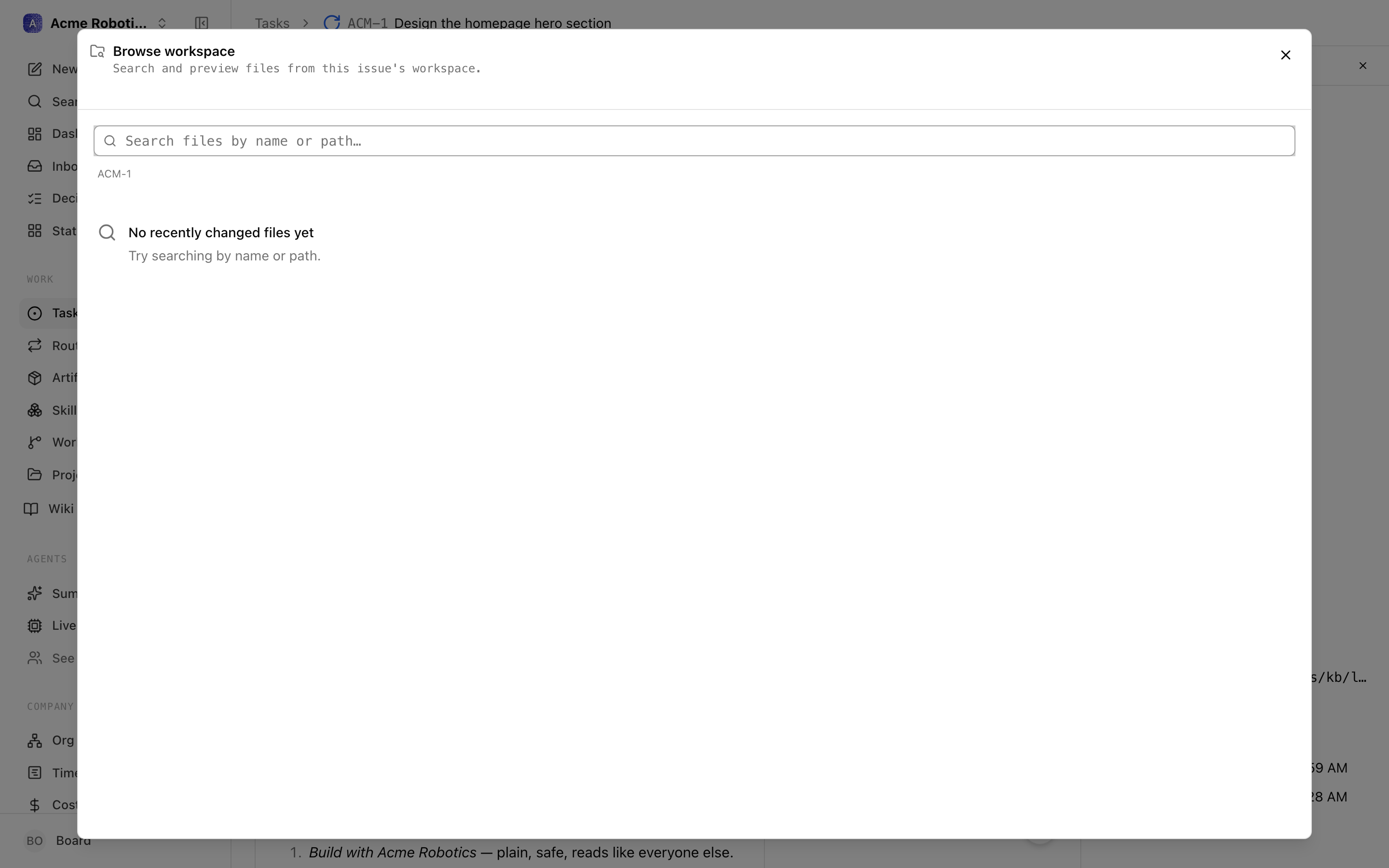 Browsing workspace files from a task