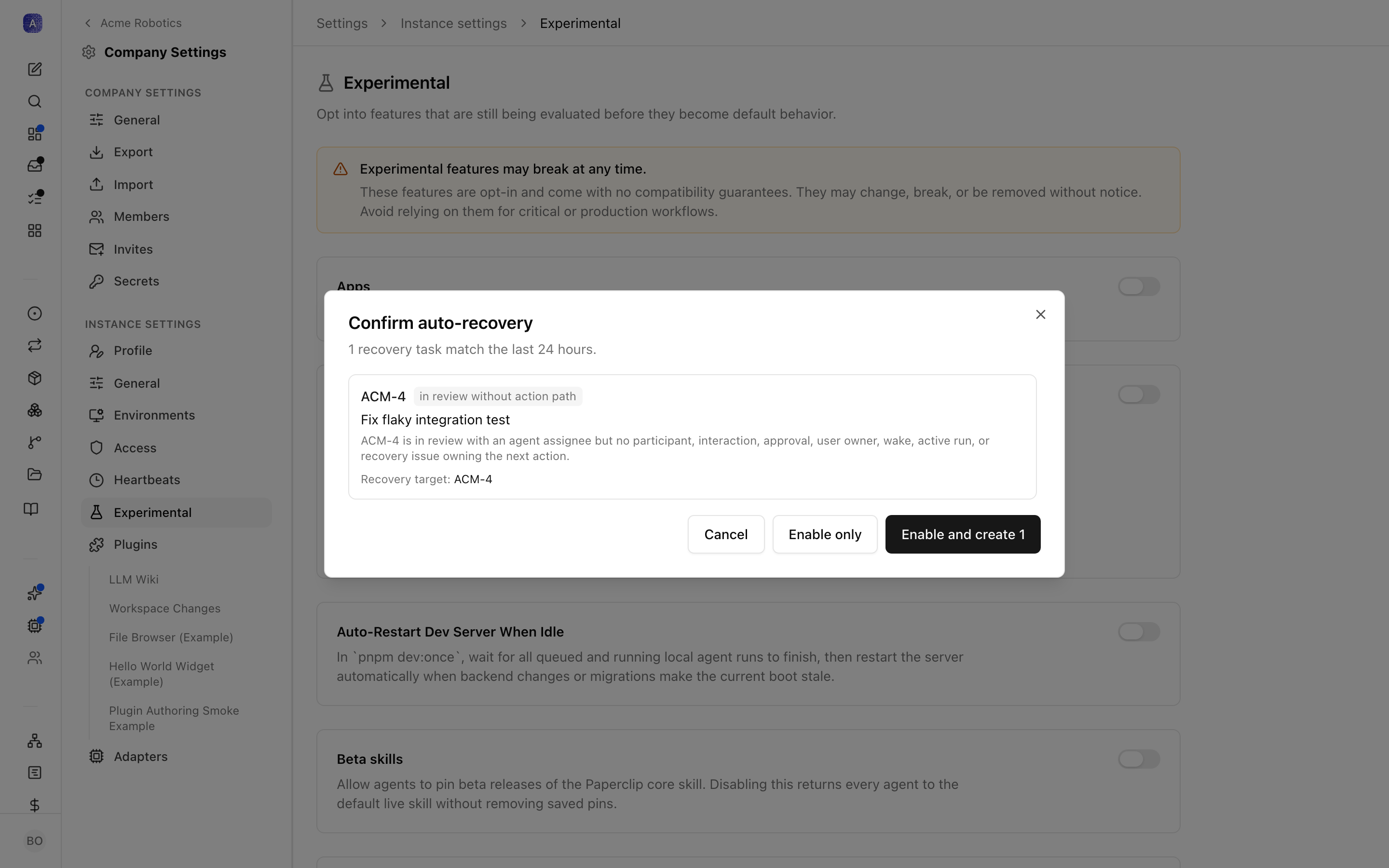The Auto-Create Recovery Tasks card with its preview dialog