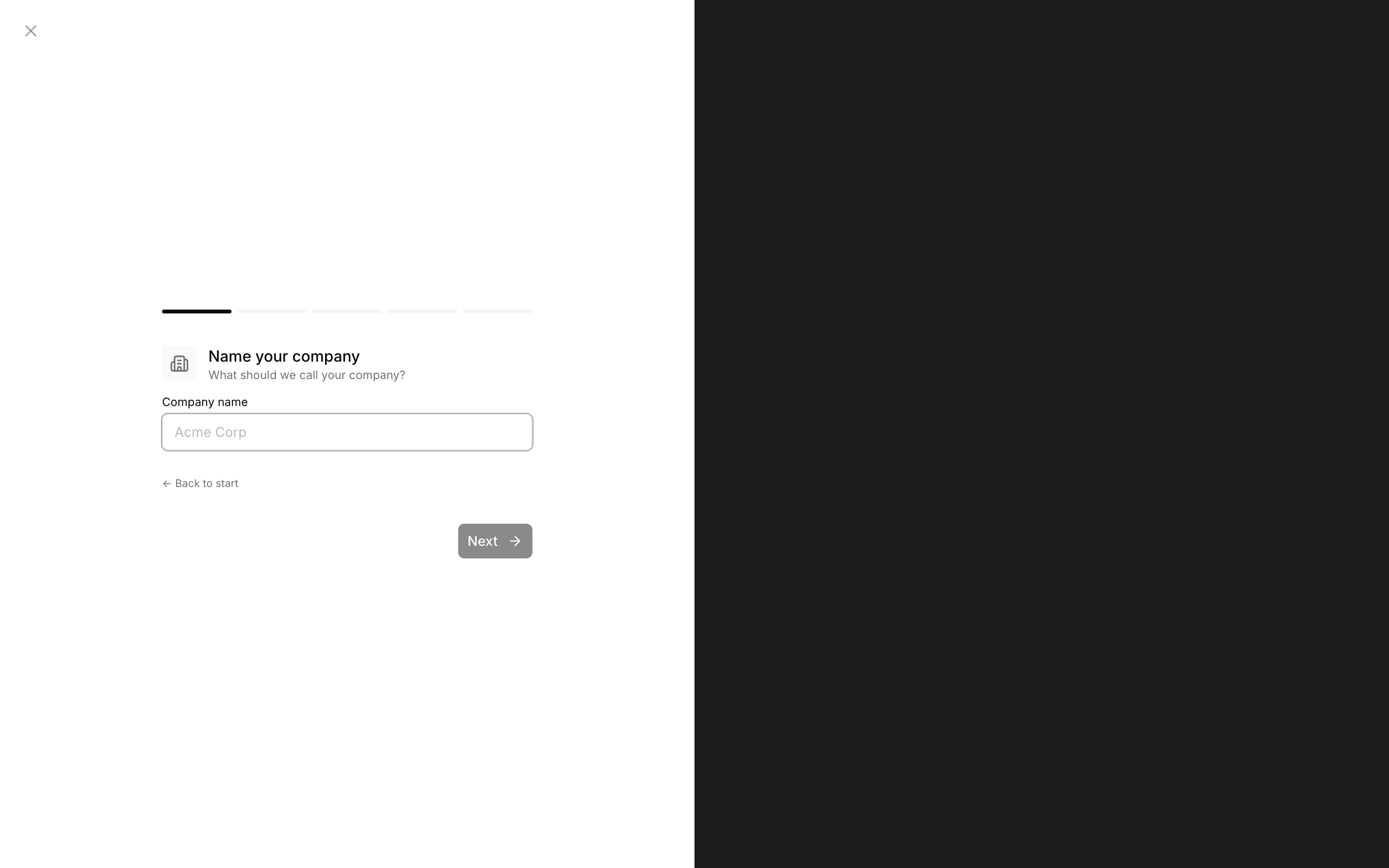 The setup wizard's first screen asking for the organization name