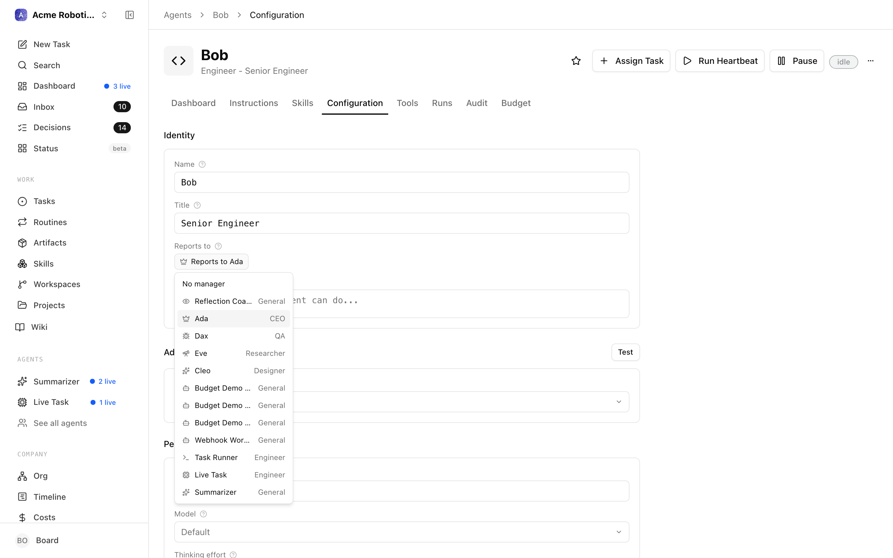 Agent configuration with the Reports to dropdown expanded, selecting a new manager