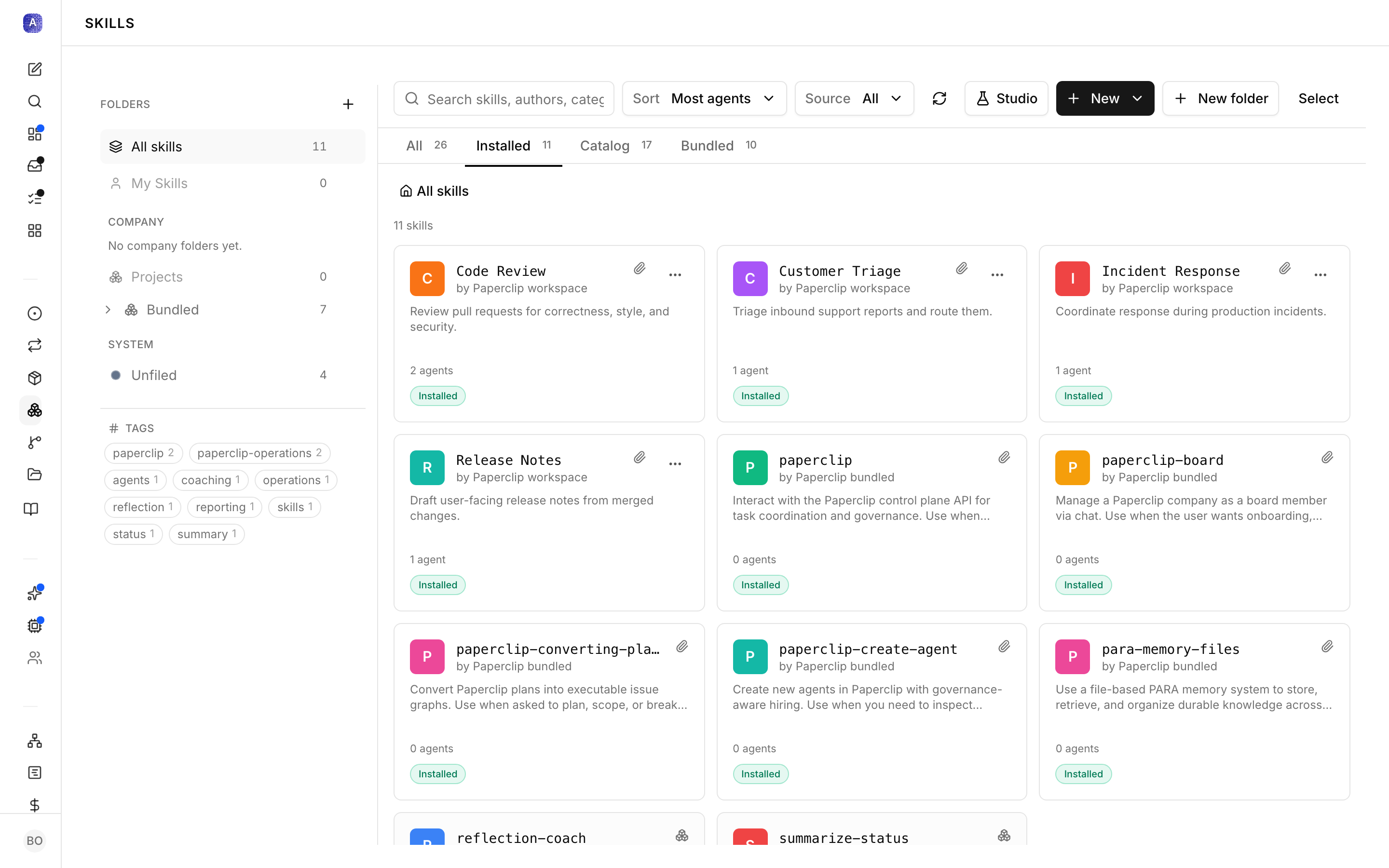 Skills page showing available skills with their names and descriptions