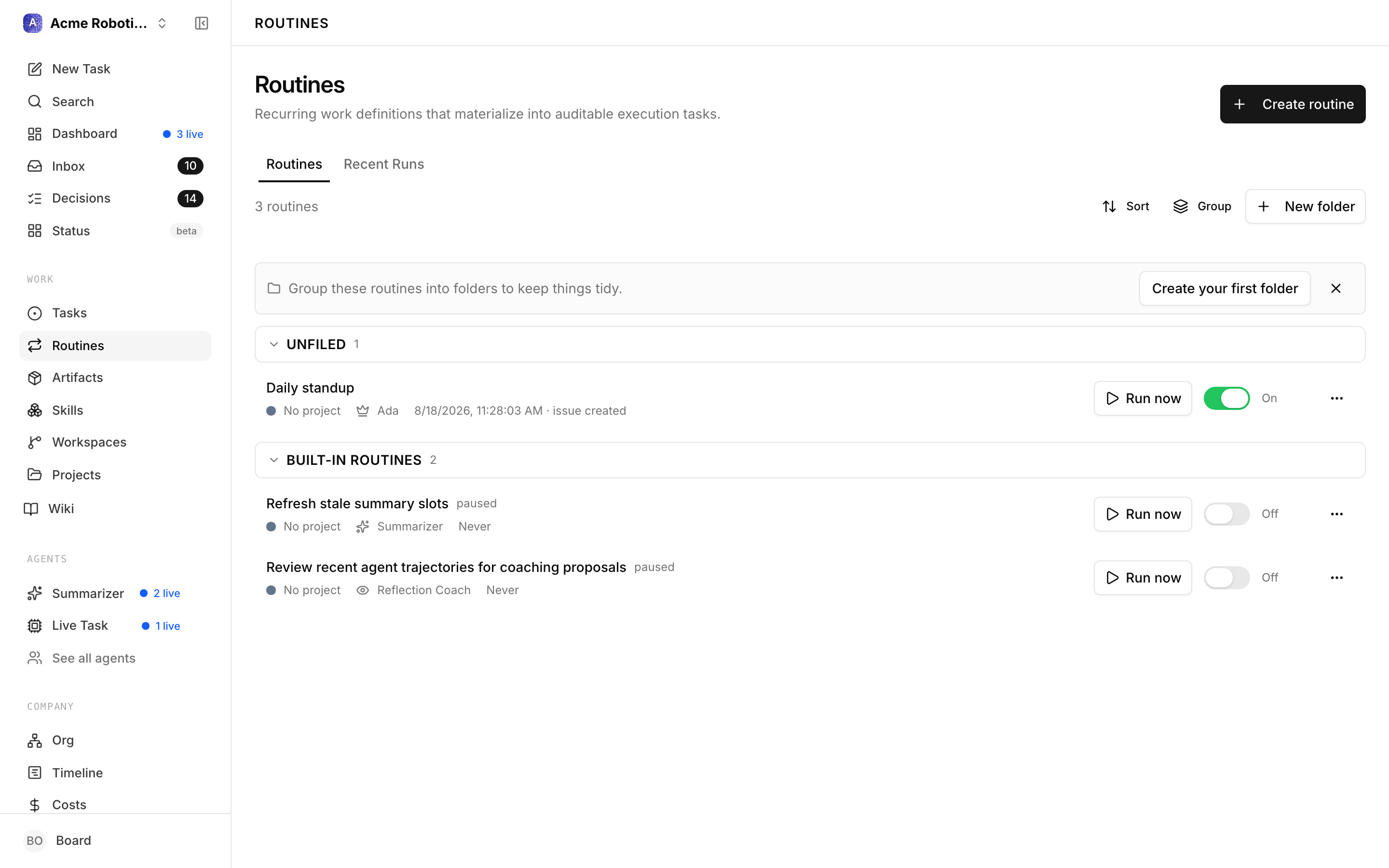Routines list