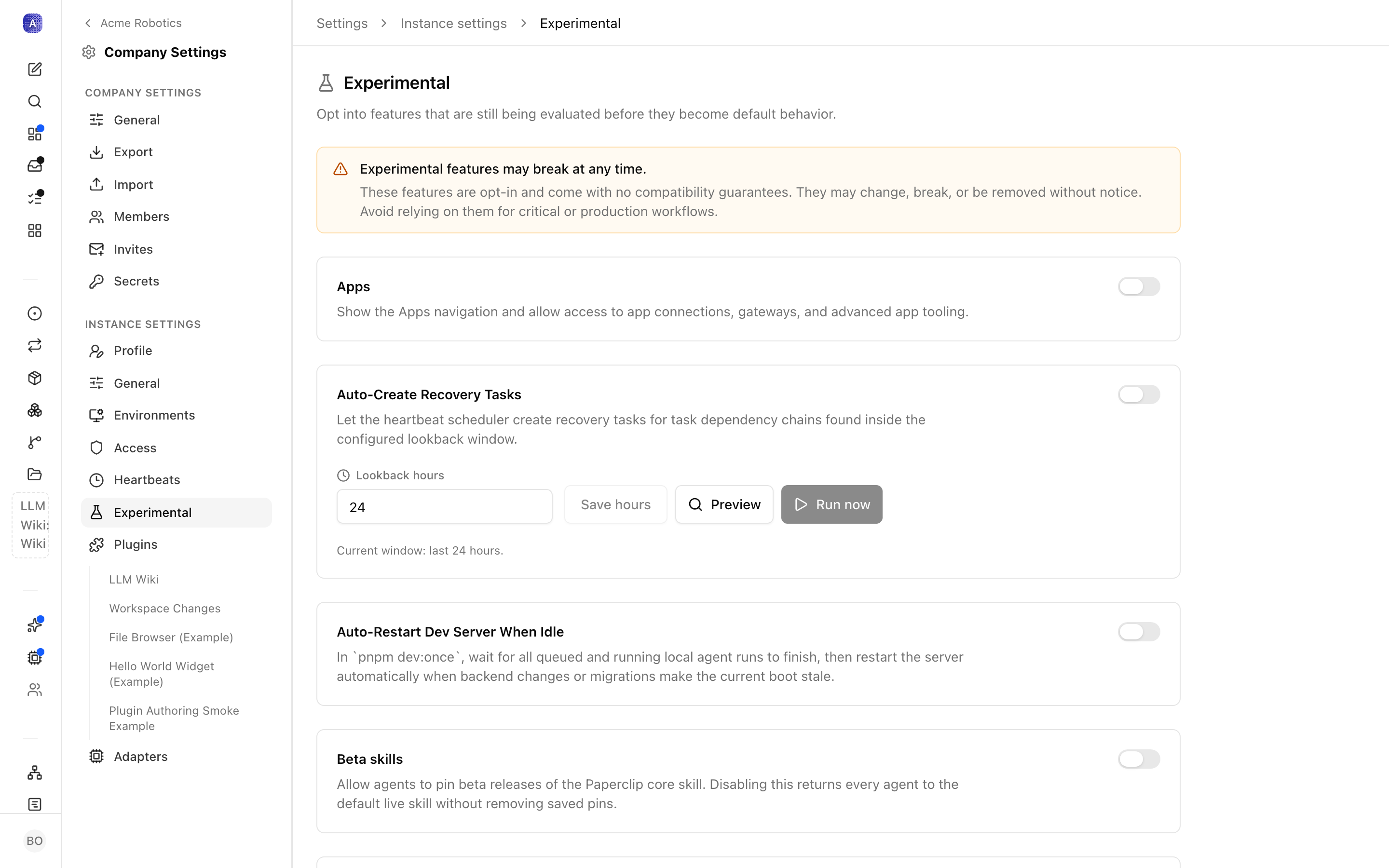 The Experimental settings page