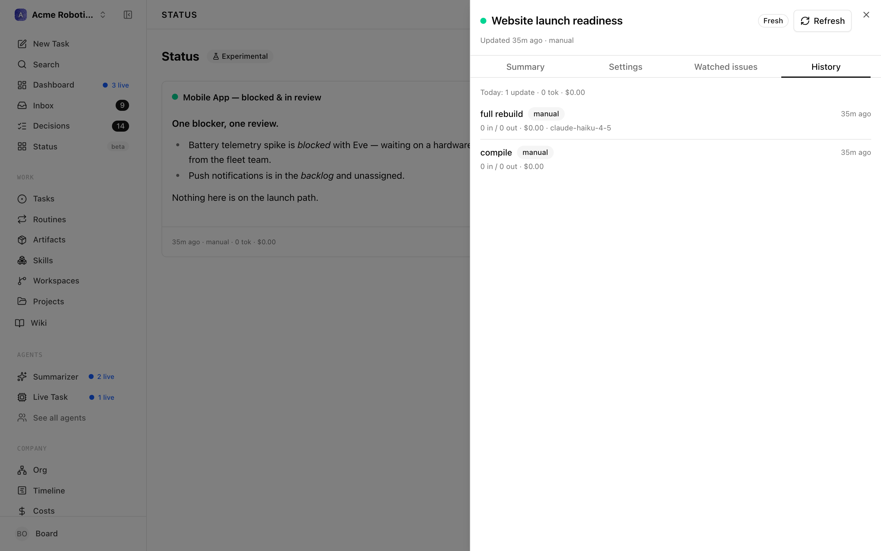 The History tab, one row per update with its trigger, tokens, cost, and model
