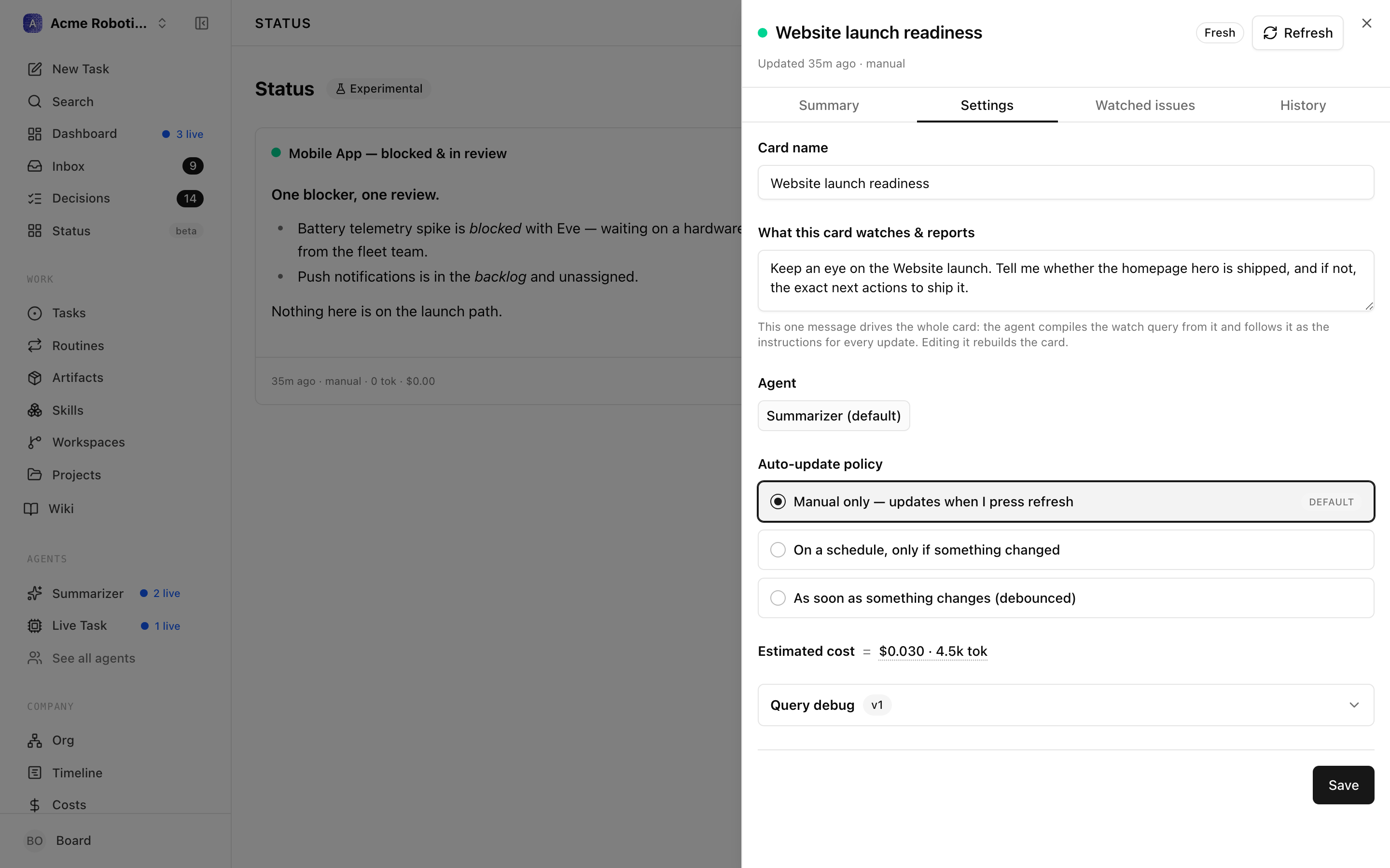 The Settings tab showing the auto-update policy modes and the Advanced section of change triggers