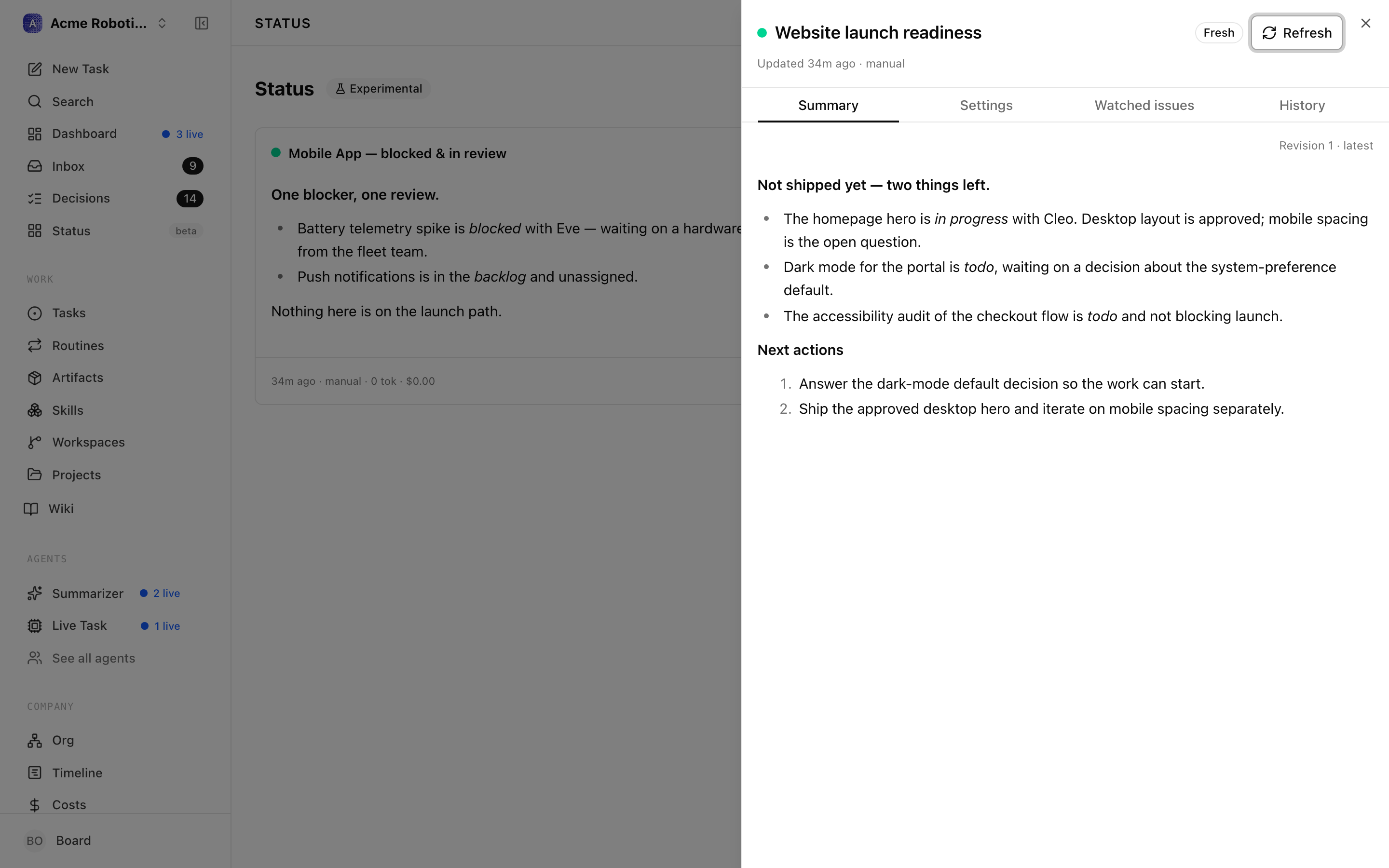 The card detail drawer on the Summary tab, showing the current summary and its revision picker