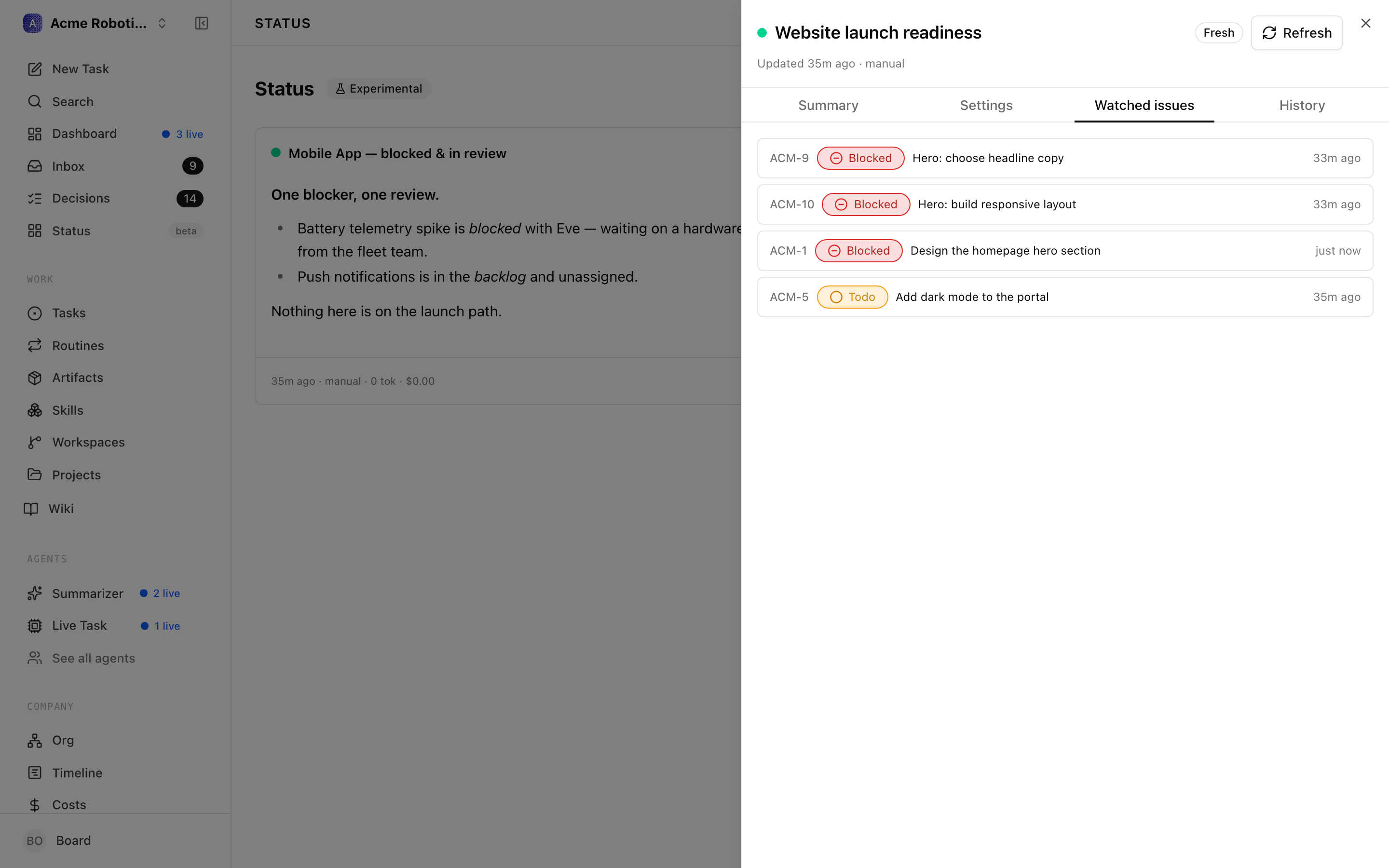 The Watched issues tab listing the issues the compiled query matches right now