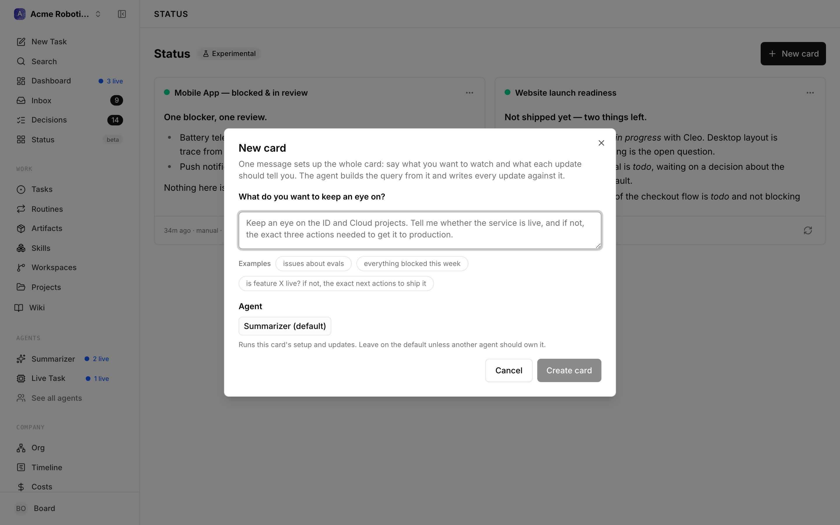 The New card dialog: a single What do you want to keep an eye on? field with worked examples beneath it, and an Agent picker
