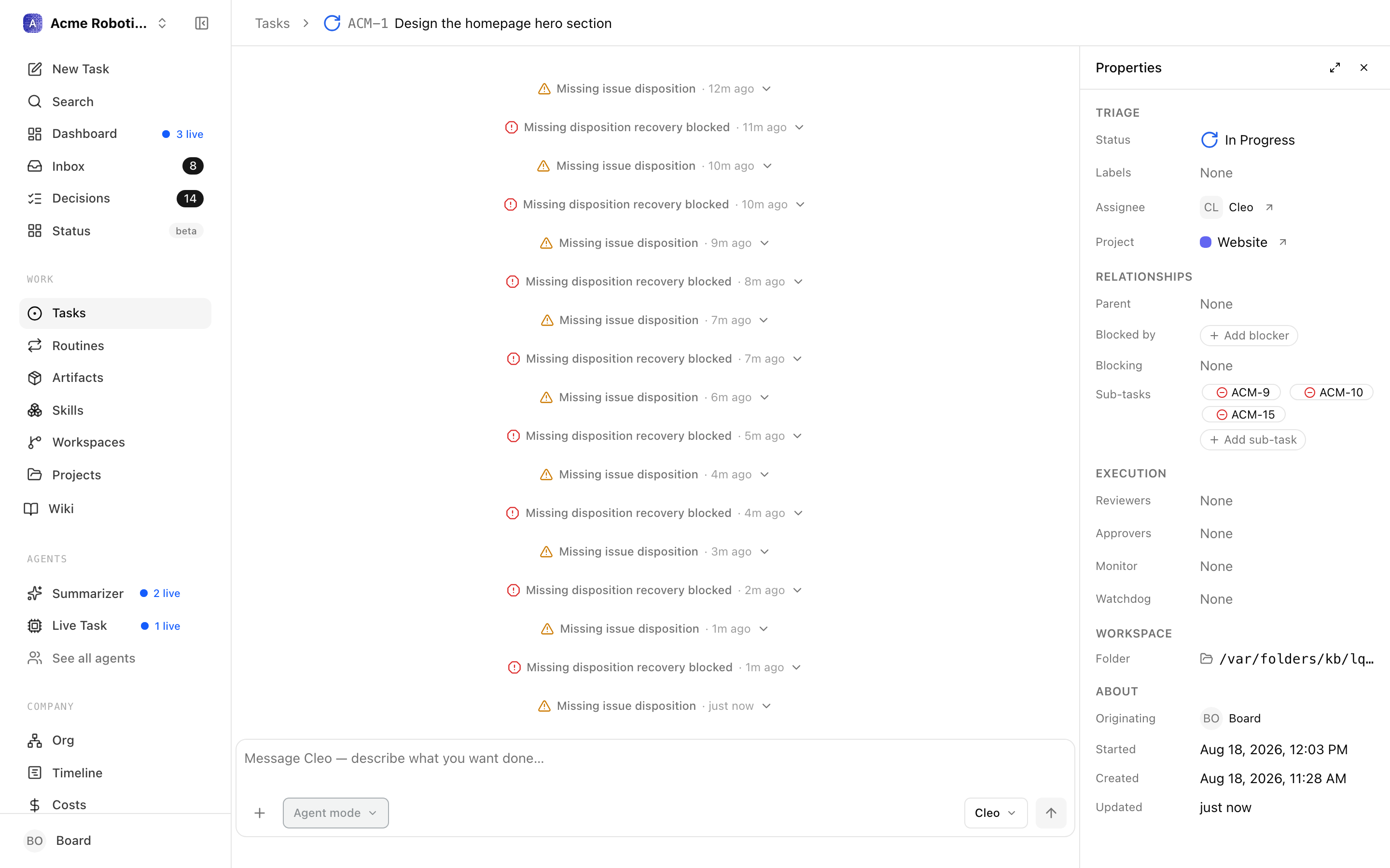 The task page with Chat-Style Tasks on: the thread fills the centre column as a conversation, with the properties pane on the right