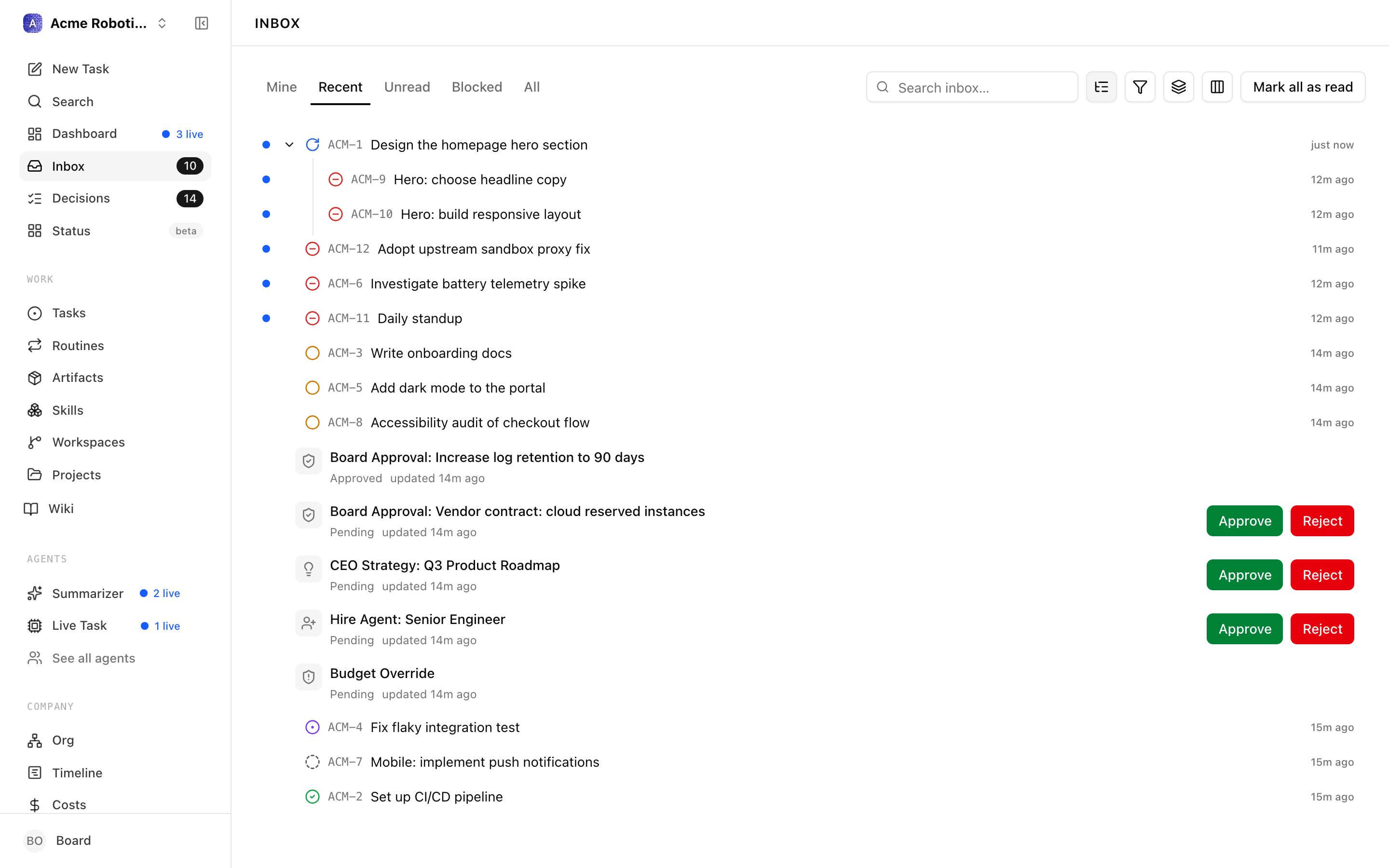 The task inbox showing newly created tasks from the CEO's first planning heartbeat