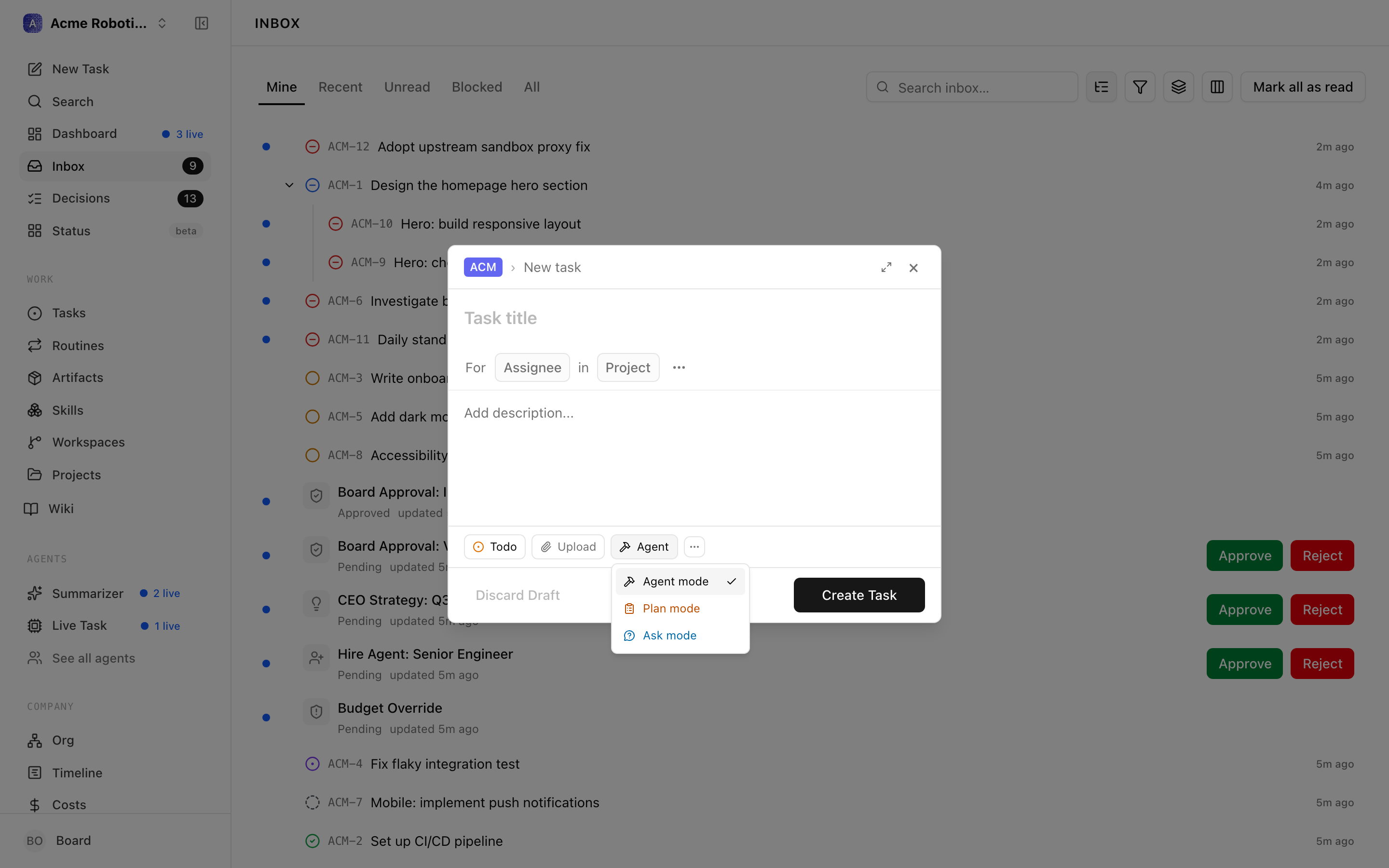 The work-mode selector on the new-task form, offering Agent mode, Plan mode, and Ask mode.