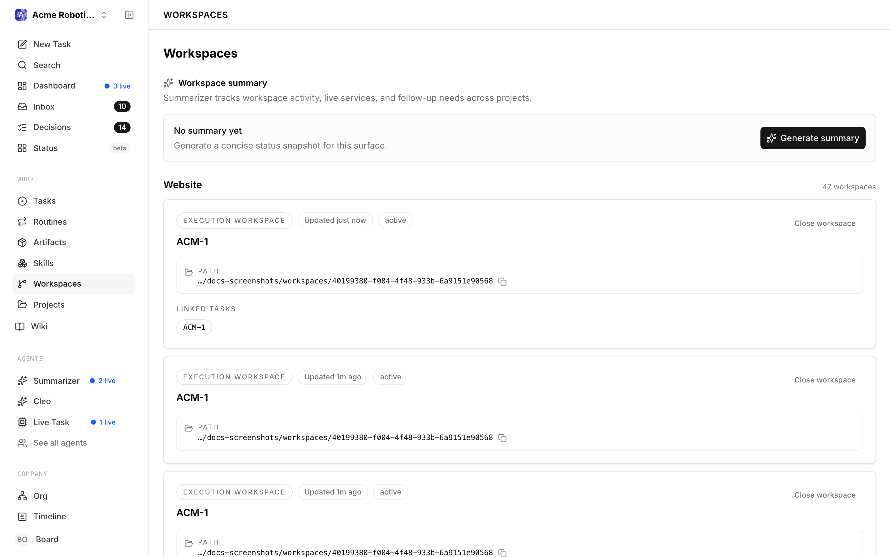 The Workspaces screen