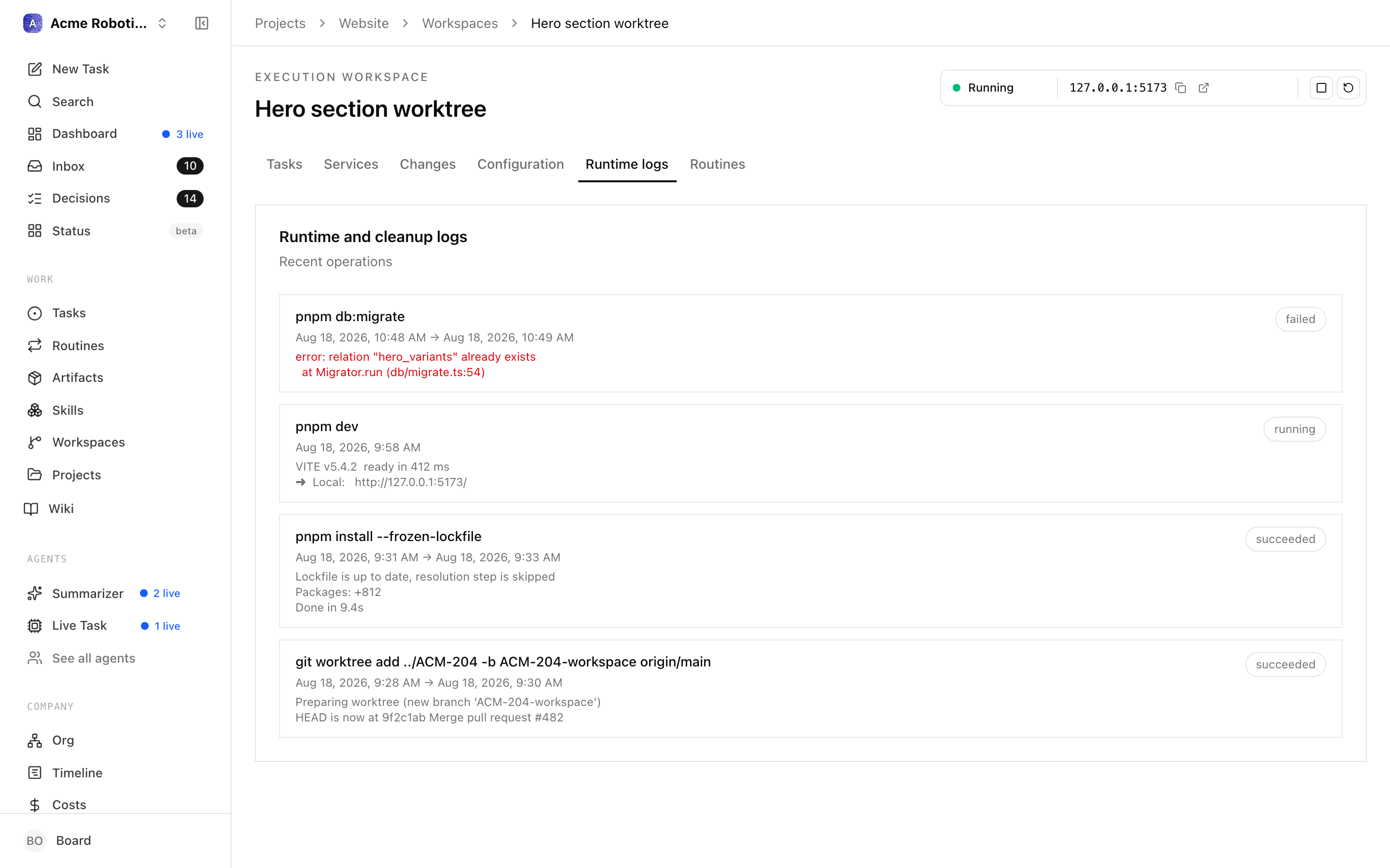 Runtime logs tab